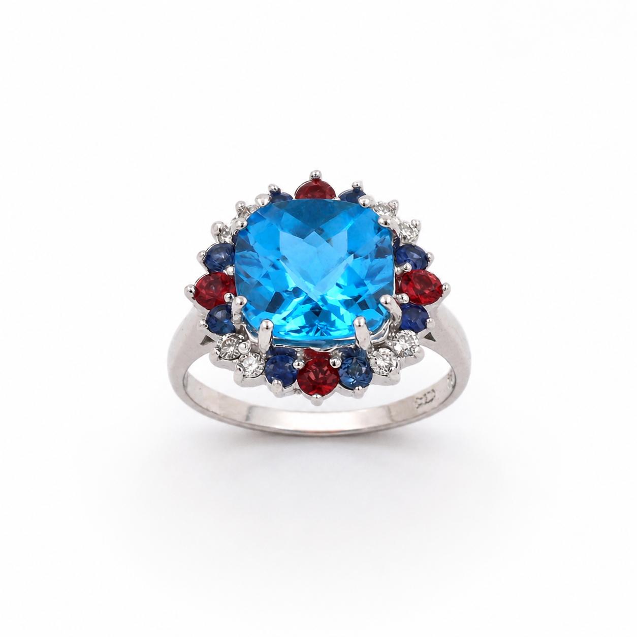 5.36CTW Blue Topaz Mixed Sapphire Diamond 14K White Gold Ring Size 6 NEW