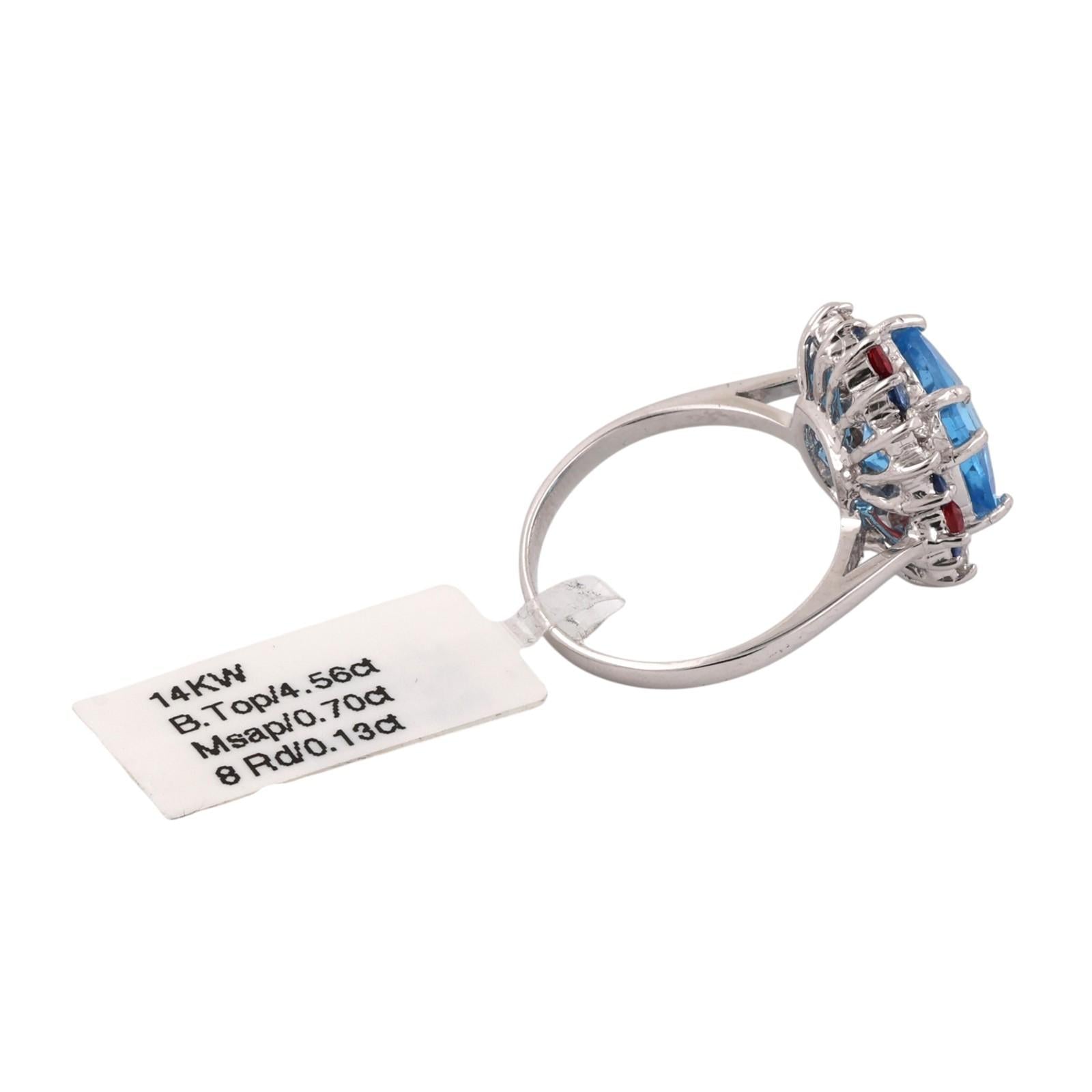 5.36CTW Blue Topaz Mixed Sapphire Diamond 14K White Gold Ring Size 6 NEW