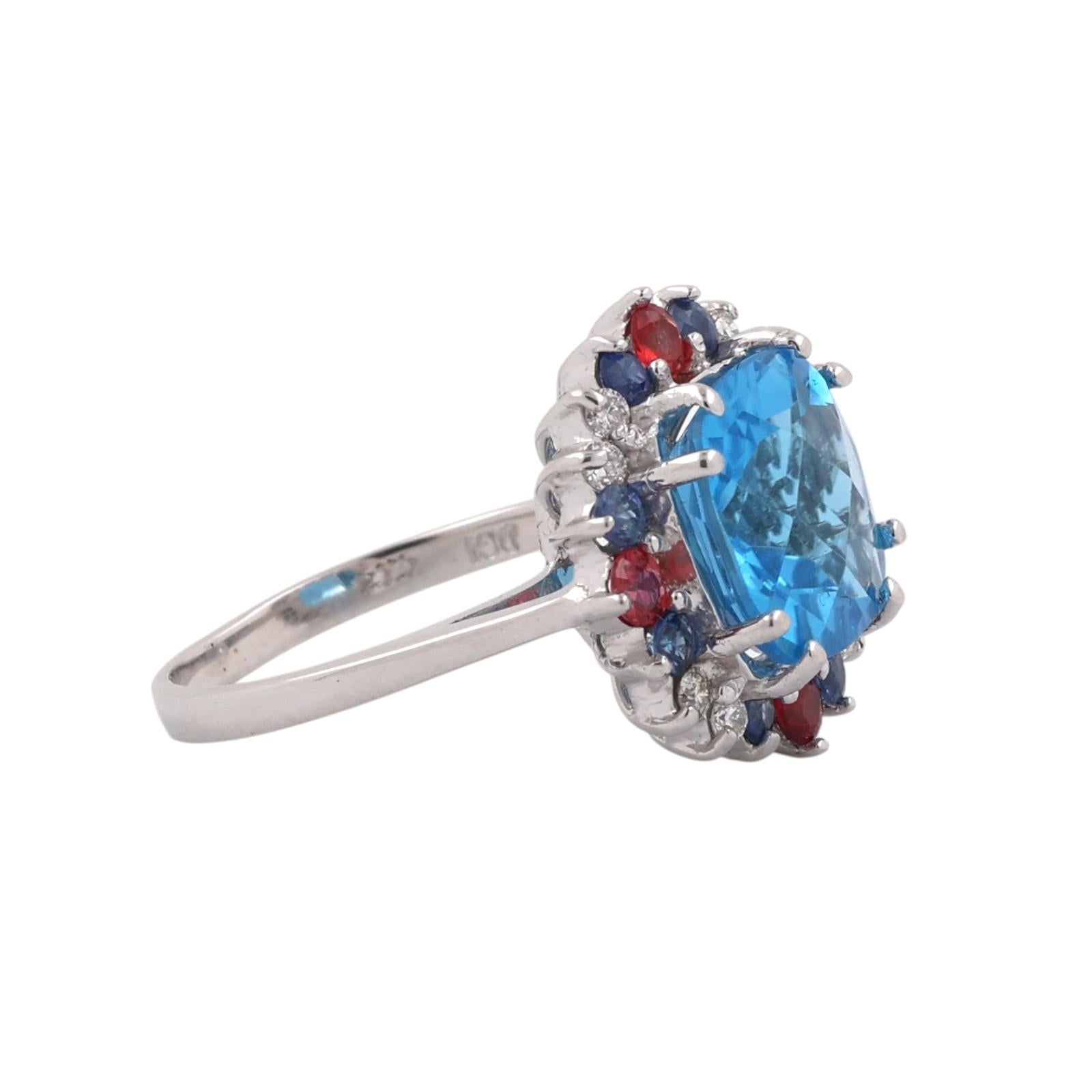 5.36CTW Blue Topaz Mixed Sapphire Diamond 14K White Gold Ring Size 6 NEW