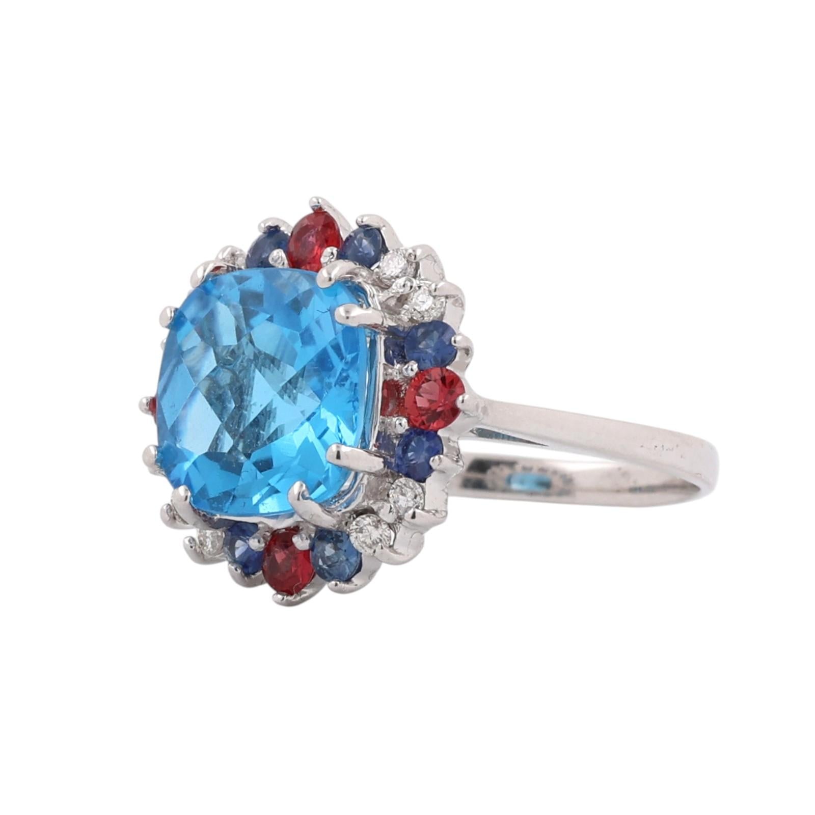5.36CTW Blue Topaz Mixed Sapphire Diamond 14K White Gold Ring Size 6 NEW