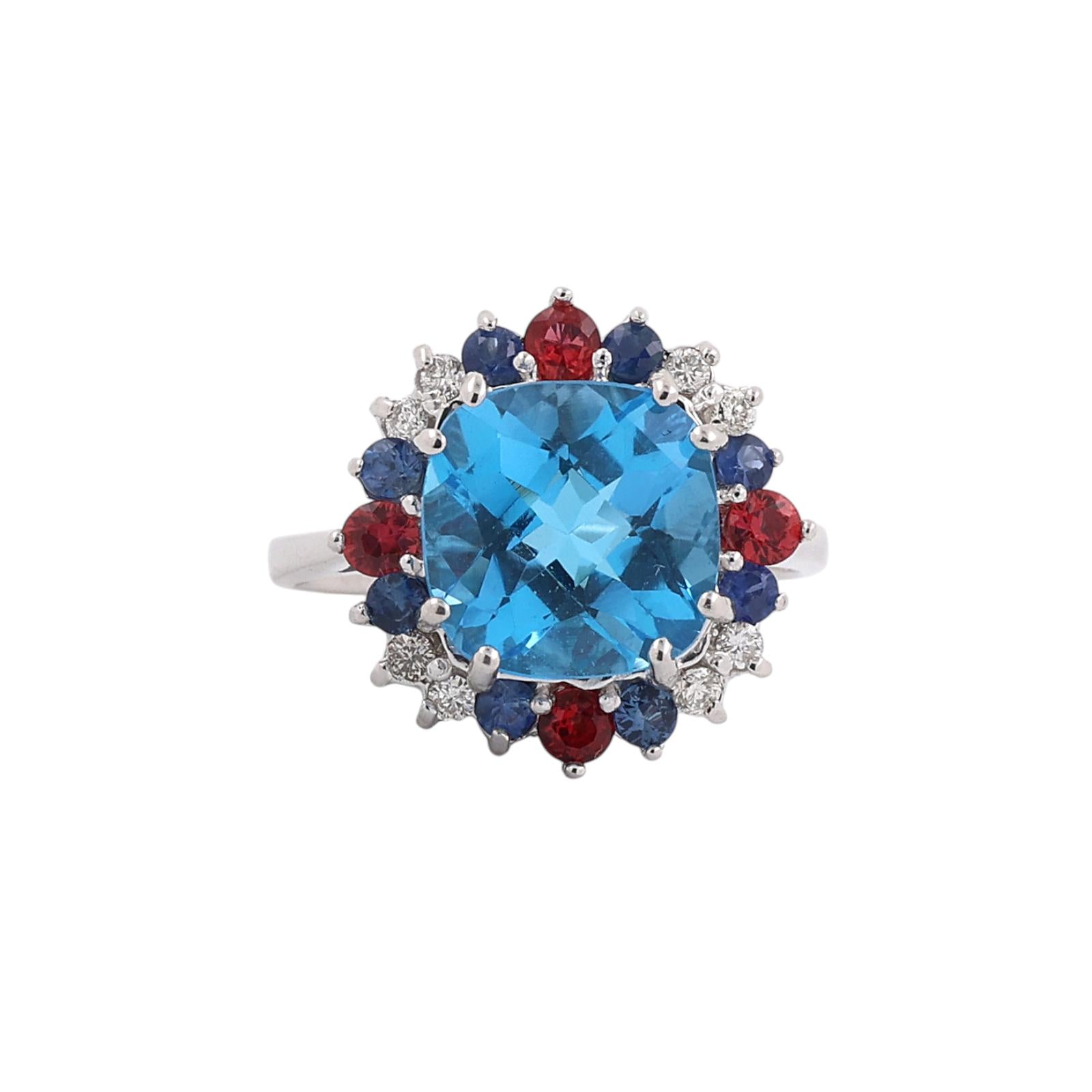 5.36CTW Blue Topaz Mixed Sapphire Diamond 14K White Gold Ring Size 6 NEW