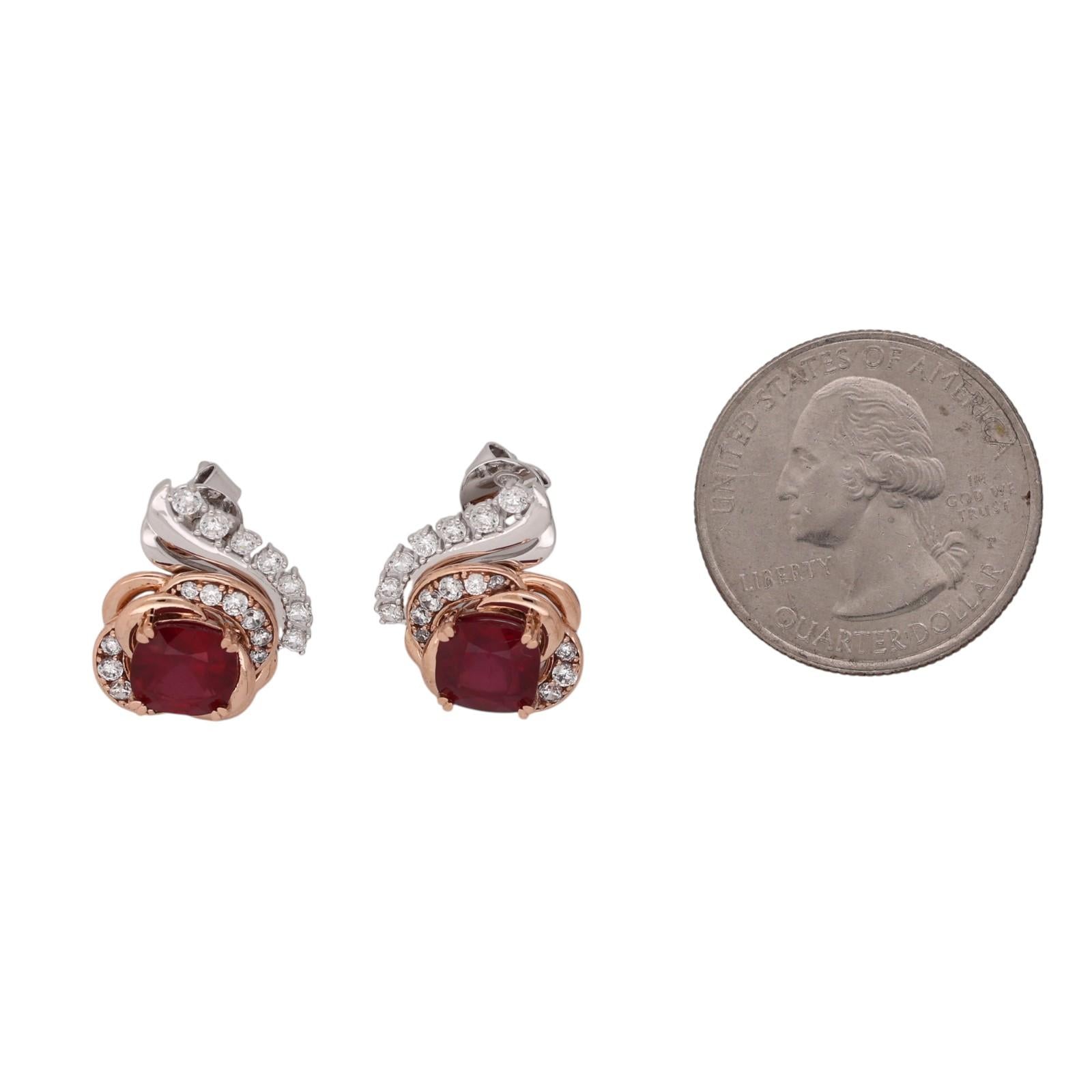 14K Rose White Two Tone Gold Ruby Diamond Earrings 4.50CTW Ladies Estate