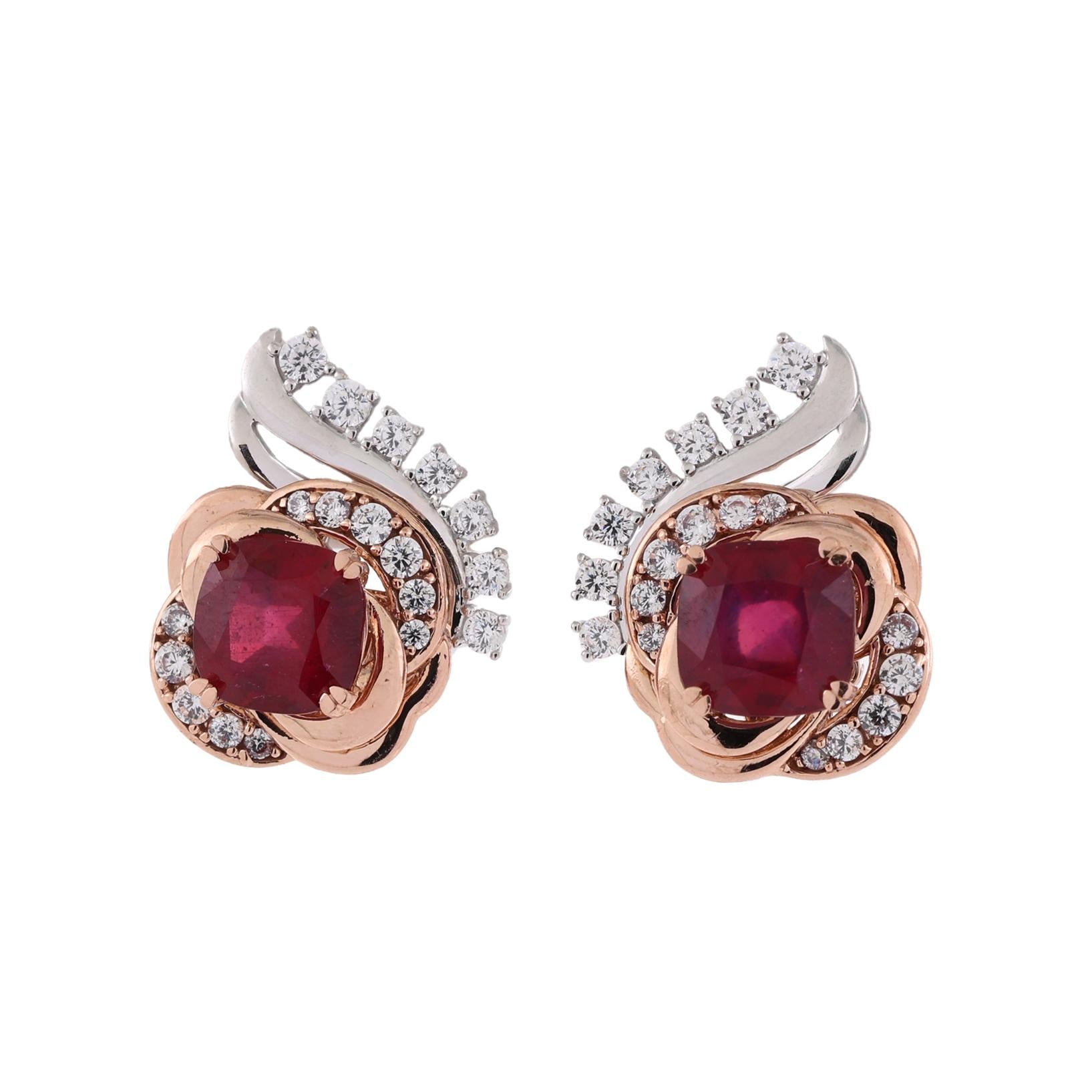 14K Rose White Two Tone Gold Ruby Diamond Earrings 4.50CTW Ladies Estate