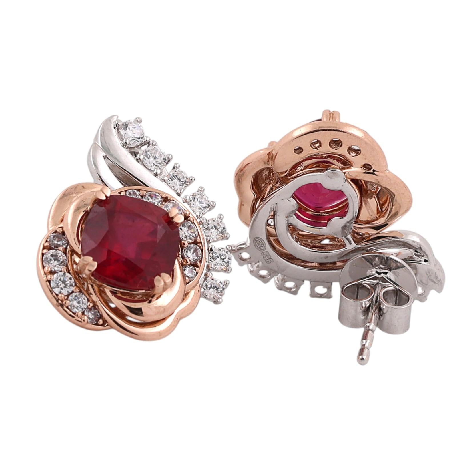 14K Rose White Two Tone Gold Ruby Diamond Earrings 4.50CTW Ladies Estate