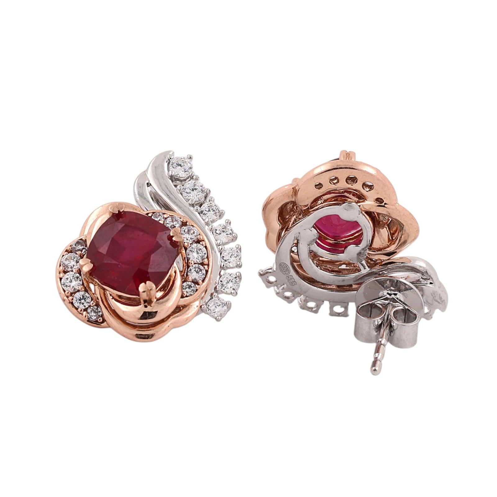 14K Rose White Two Tone Gold Ruby Diamond Earrings 4.50CTW Ladies Estate