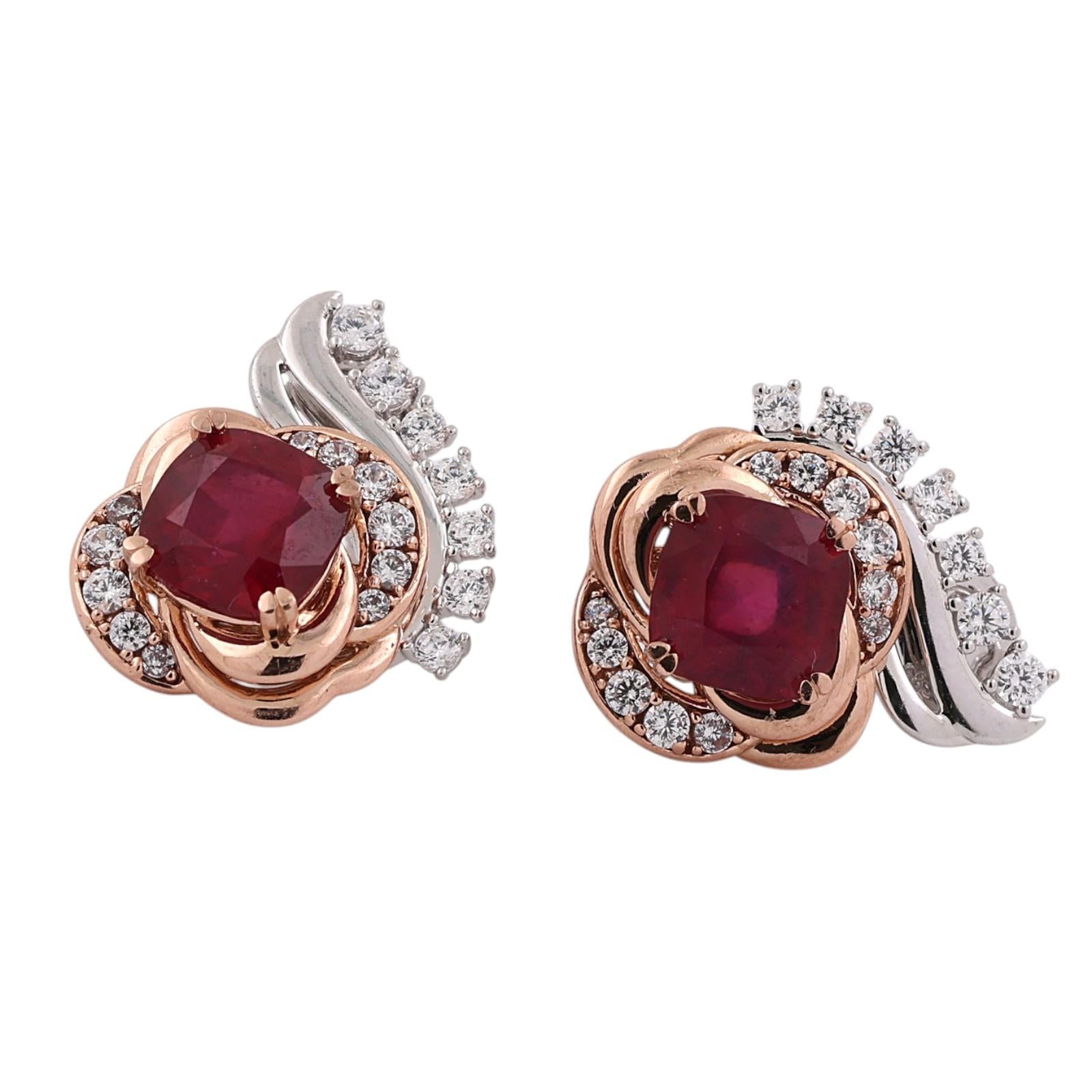 14K Rose White Two Tone Gold Ruby Diamond Earrings 4.50CTW Ladies Estate