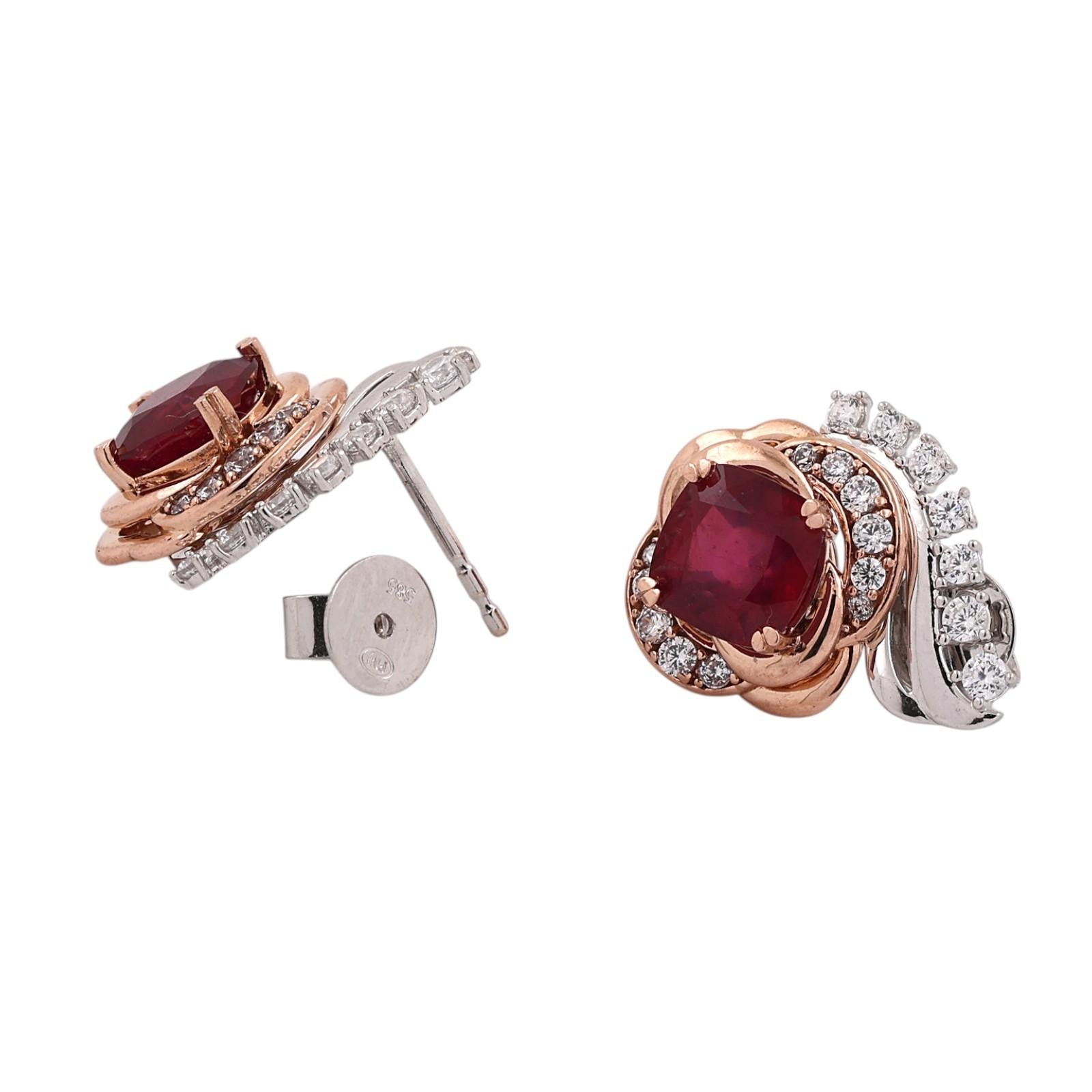14K Rose White Two Tone Gold Ruby Diamond Earrings 4.50CTW Ladies Estate