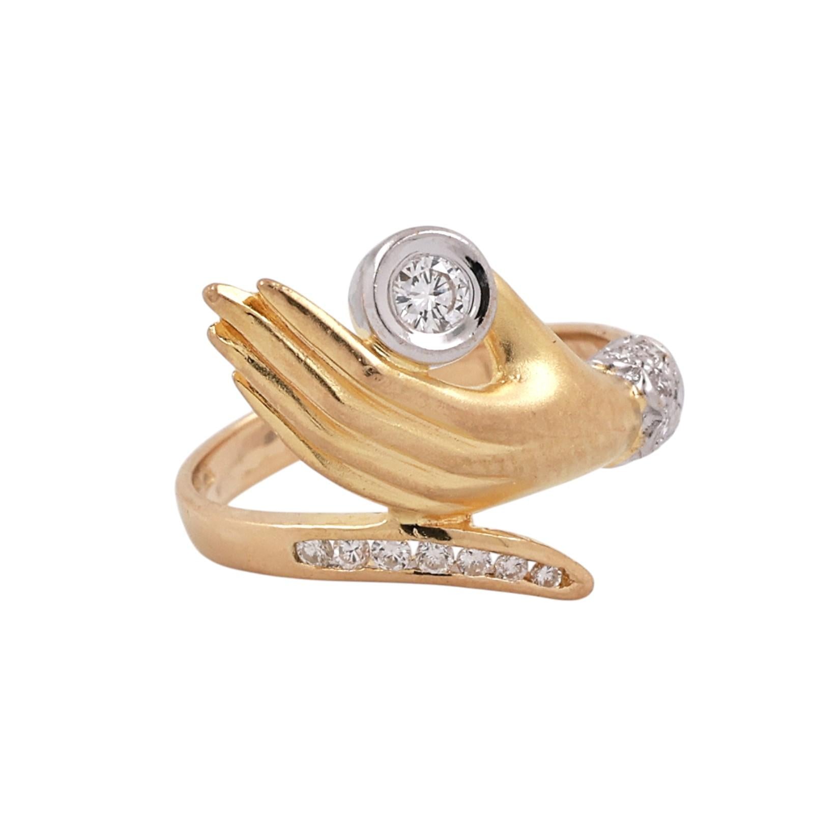 18K Two Tone Gold 0.25 CTW Natural Diamond Bypass Hand Statement Ring Size 5.25