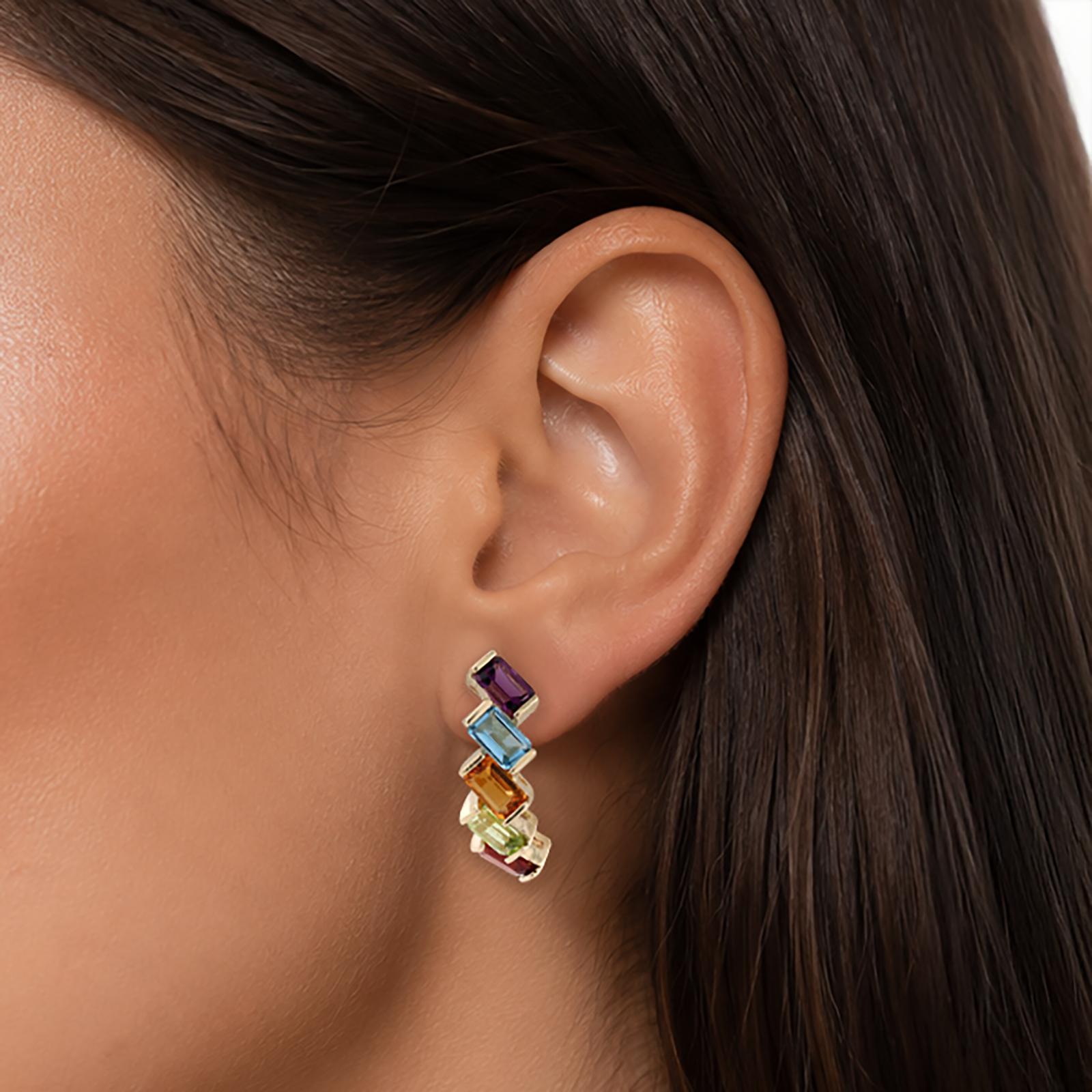 Rainbow Multi Gemstone Half Hoop Earrings 14K Yellow Gold Emerald Cut 3.36CTW