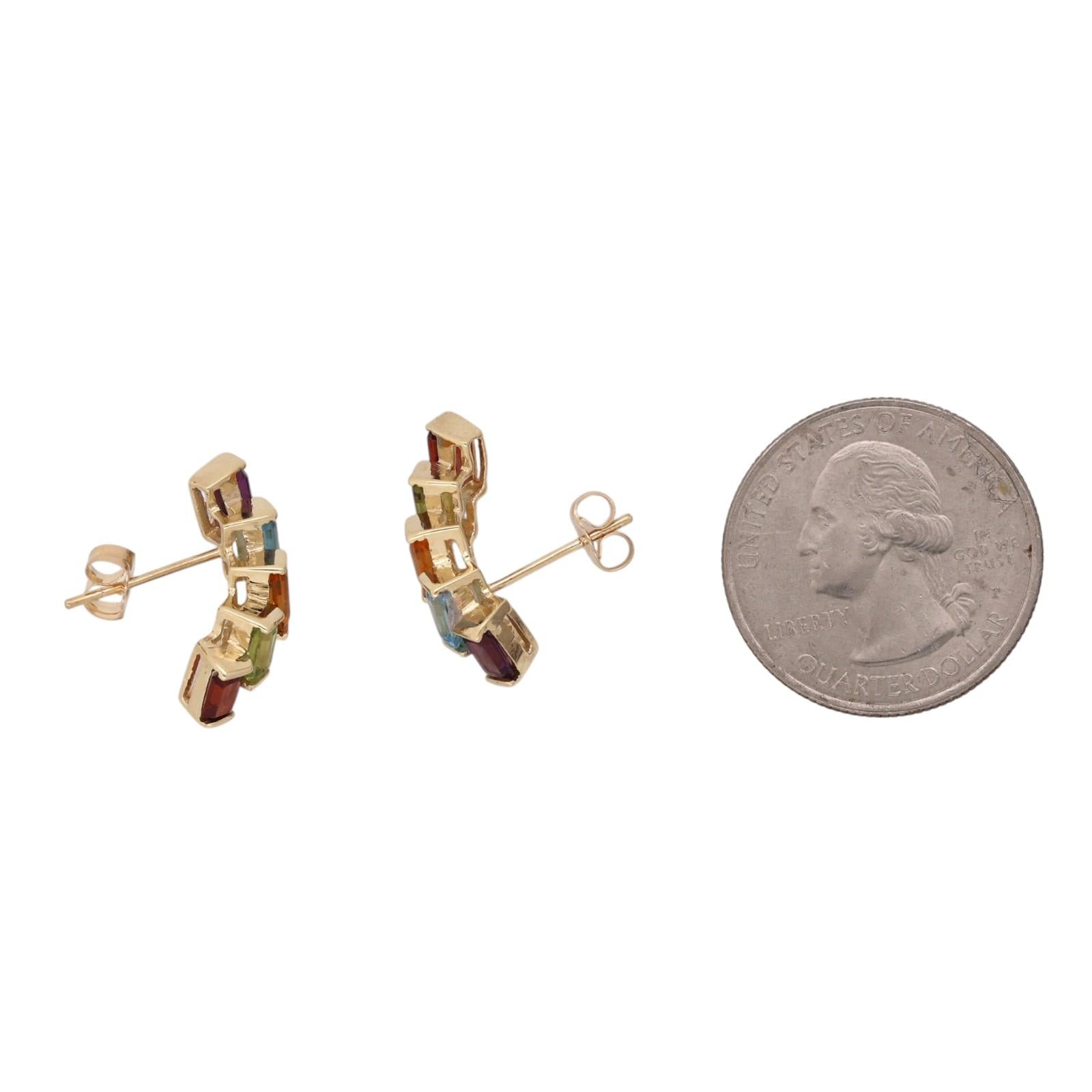 Rainbow Multi Gemstone Half Hoop Earrings 14K Yellow Gold Emerald Cut 3.36CTW