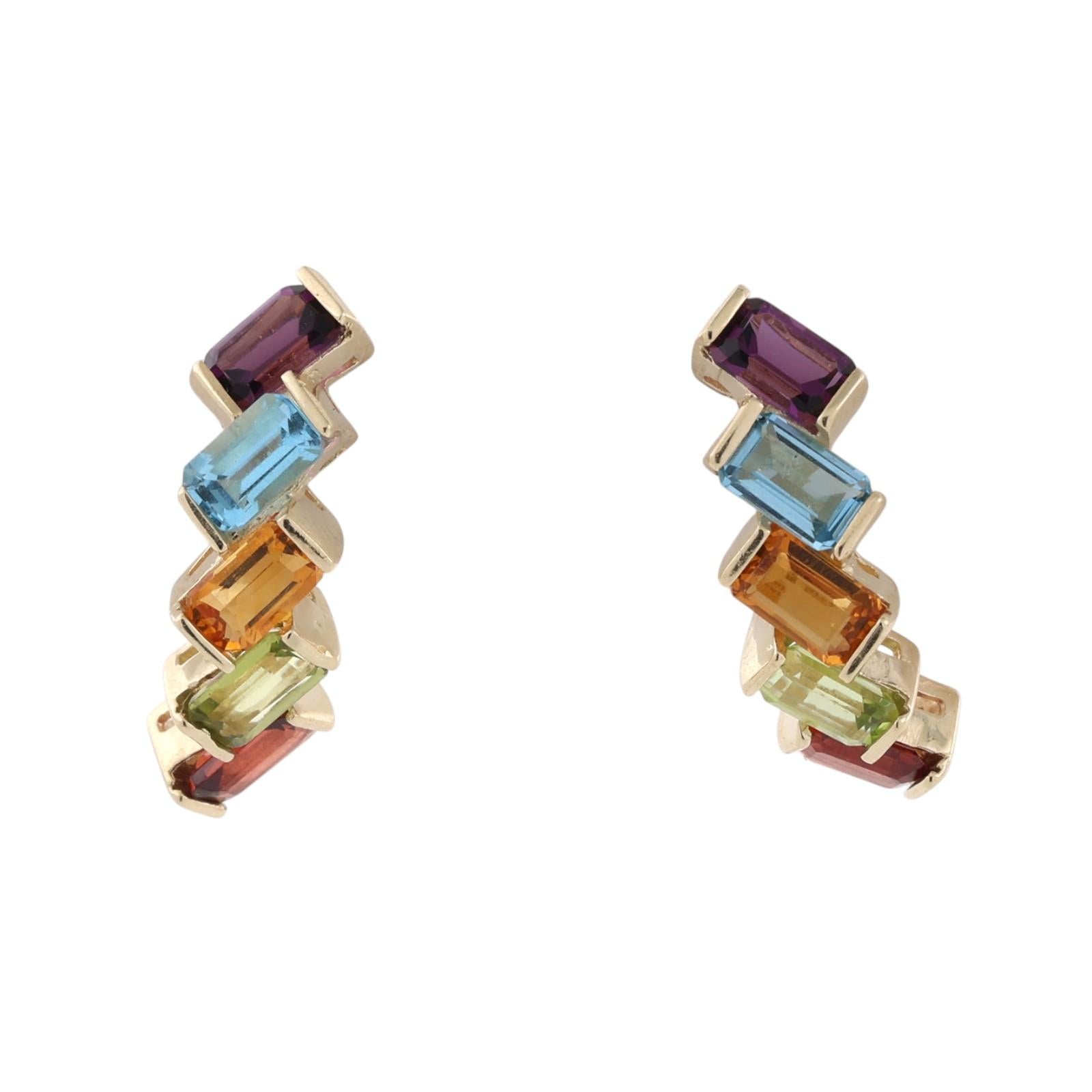 Rainbow Multi Gemstone Half Hoop Earrings 14K Yellow Gold Emerald Cut 3.36CTW