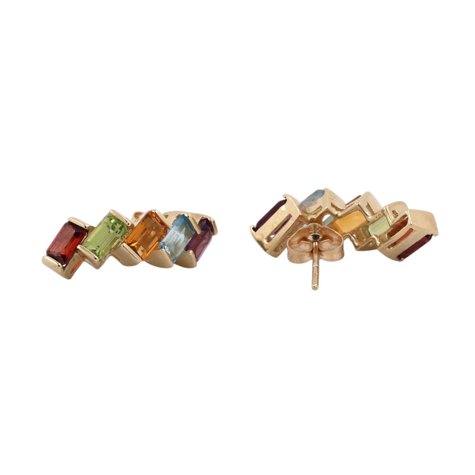Rainbow Multi Gemstone Half Hoop Earrings 14K Yellow Gold Emerald Cut 3.36CTW