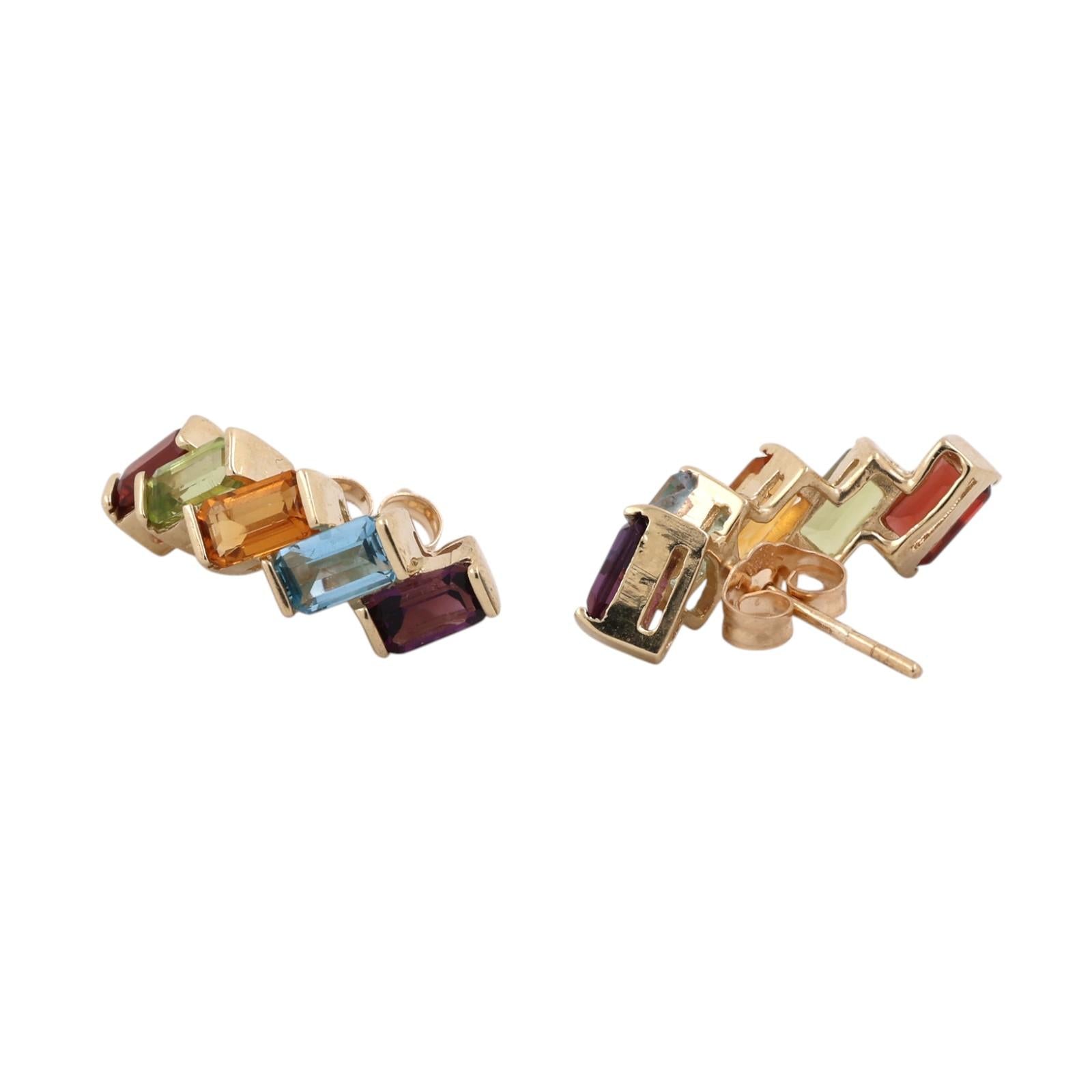Rainbow Multi Gemstone Half Hoop Earrings 14K Yellow Gold Emerald Cut 3.36CTW
