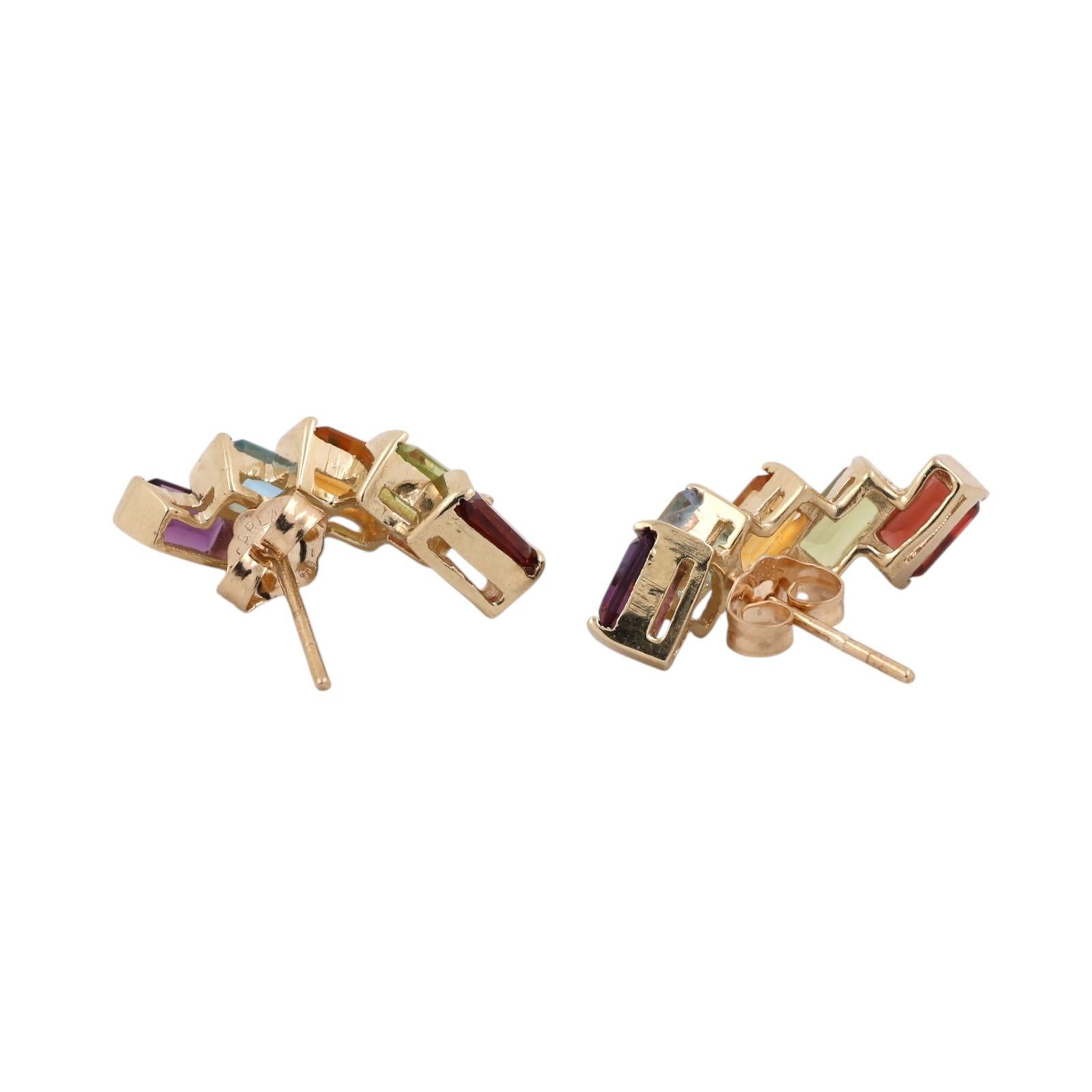 Rainbow Multi Gemstone Half Hoop Earrings 14K Yellow Gold Emerald Cut 3.36CTW
