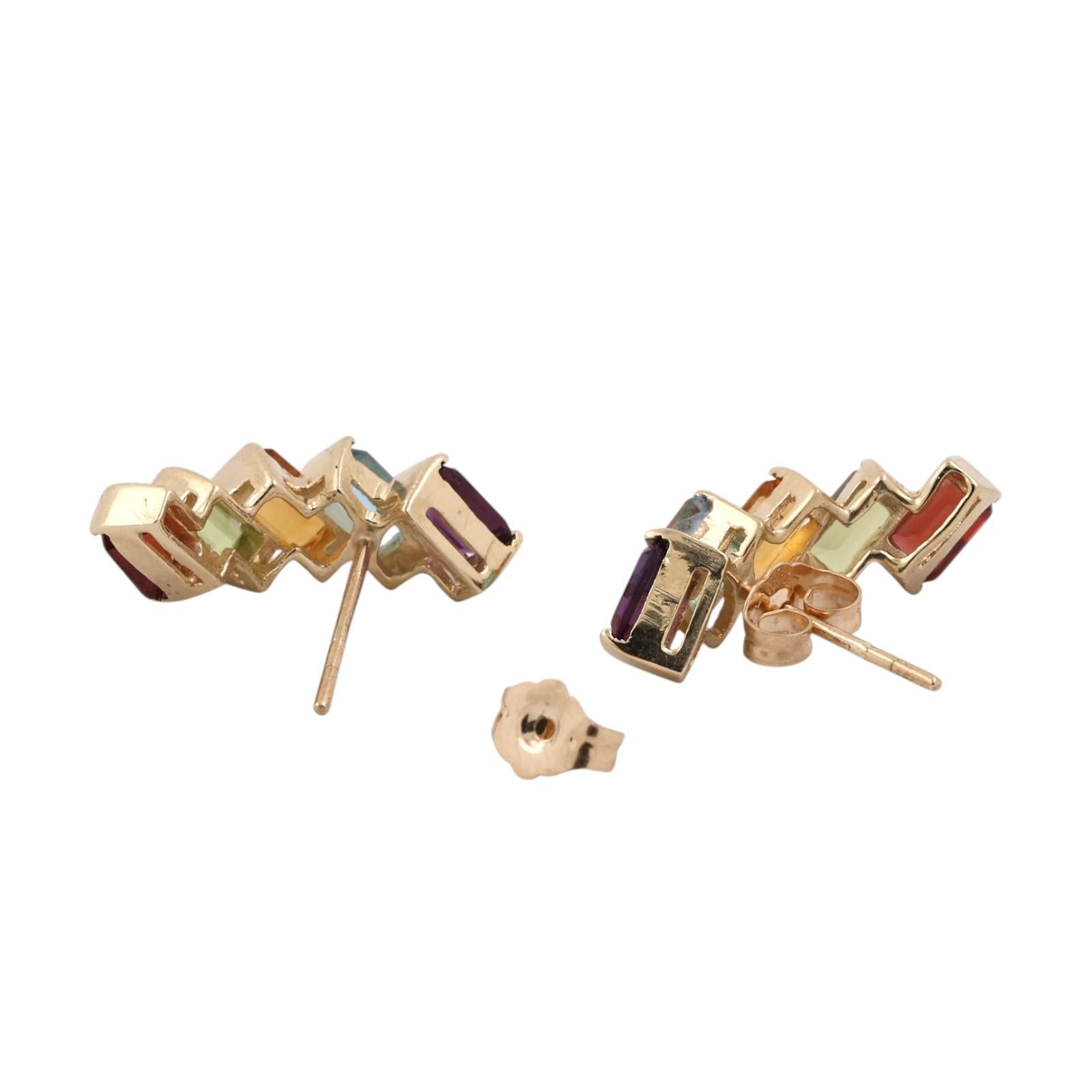 Rainbow Multi Gemstone Half Hoop Earrings 14K Yellow Gold Emerald Cut 3.36CTW