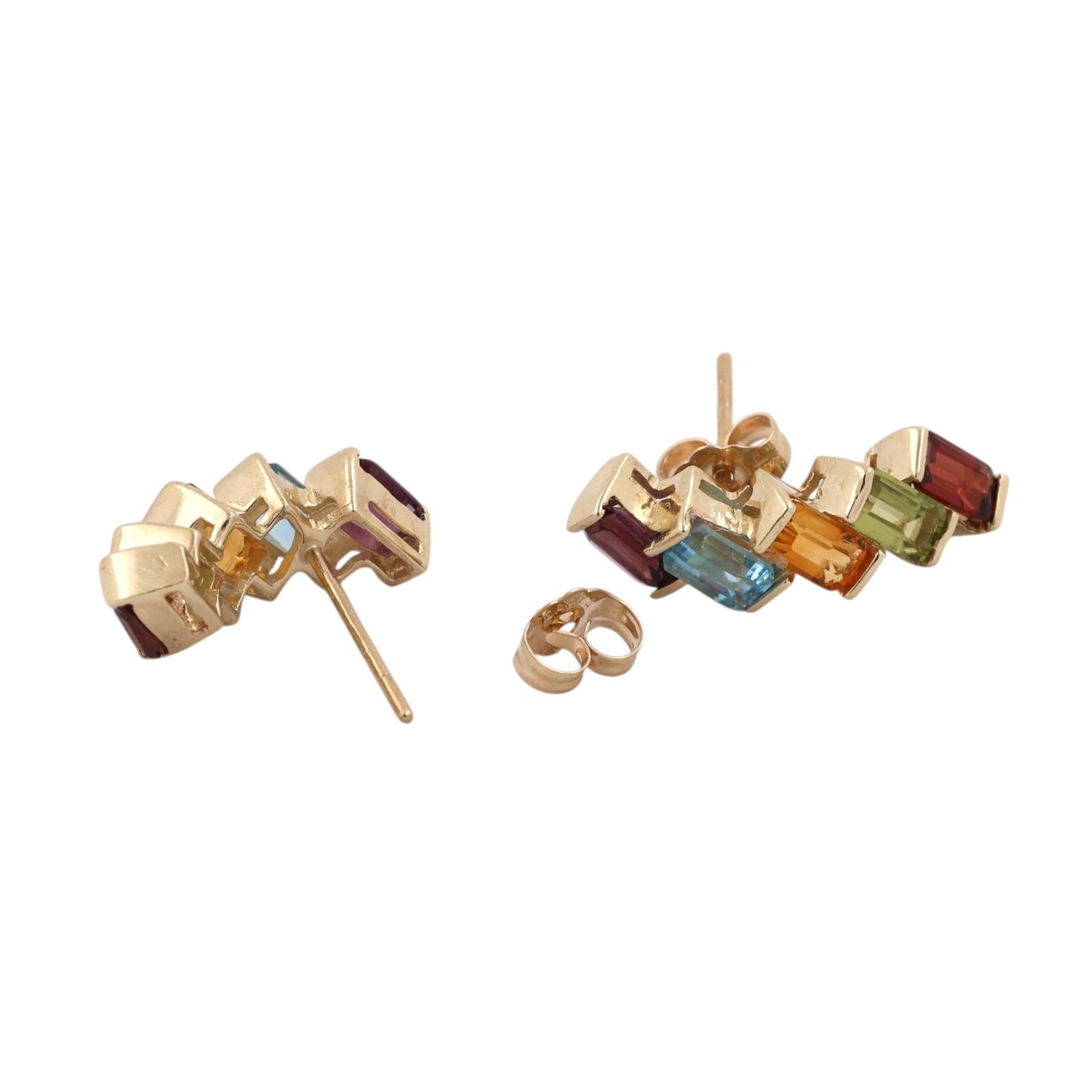 Rainbow Multi Gemstone Half Hoop Earrings 14K Yellow Gold Emerald Cut 3.36CTW