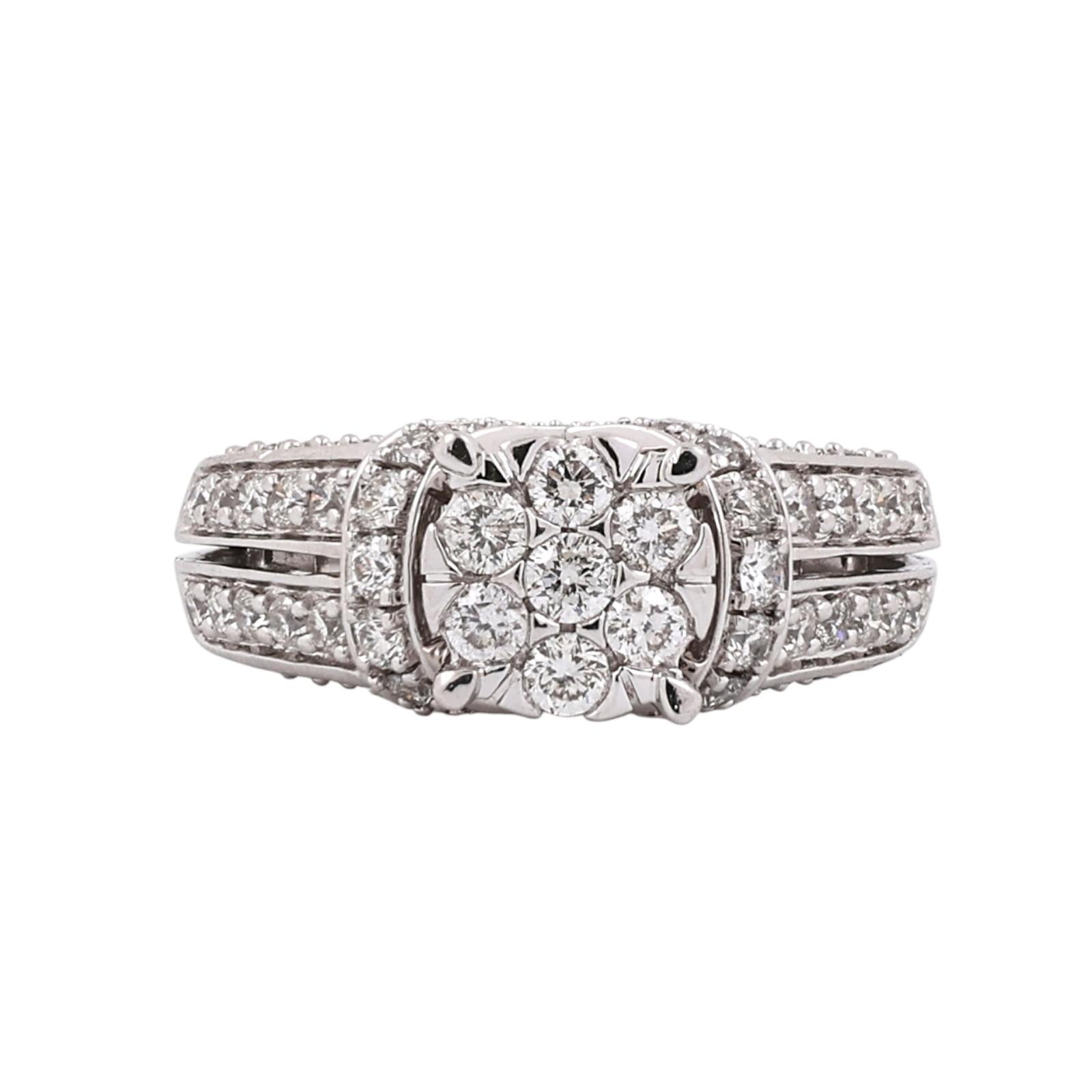 14K White Gold 2.20CTW Round Diamond Cluster Halo Floral Ring Size 6.5