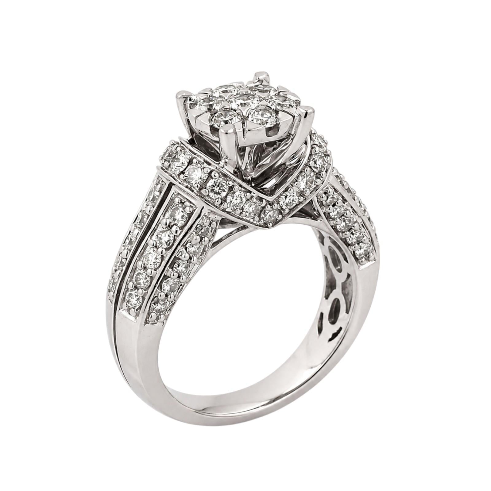 14K White Gold 2.20CTW Round Diamond Cluster Halo Floral Ring Size 6.5