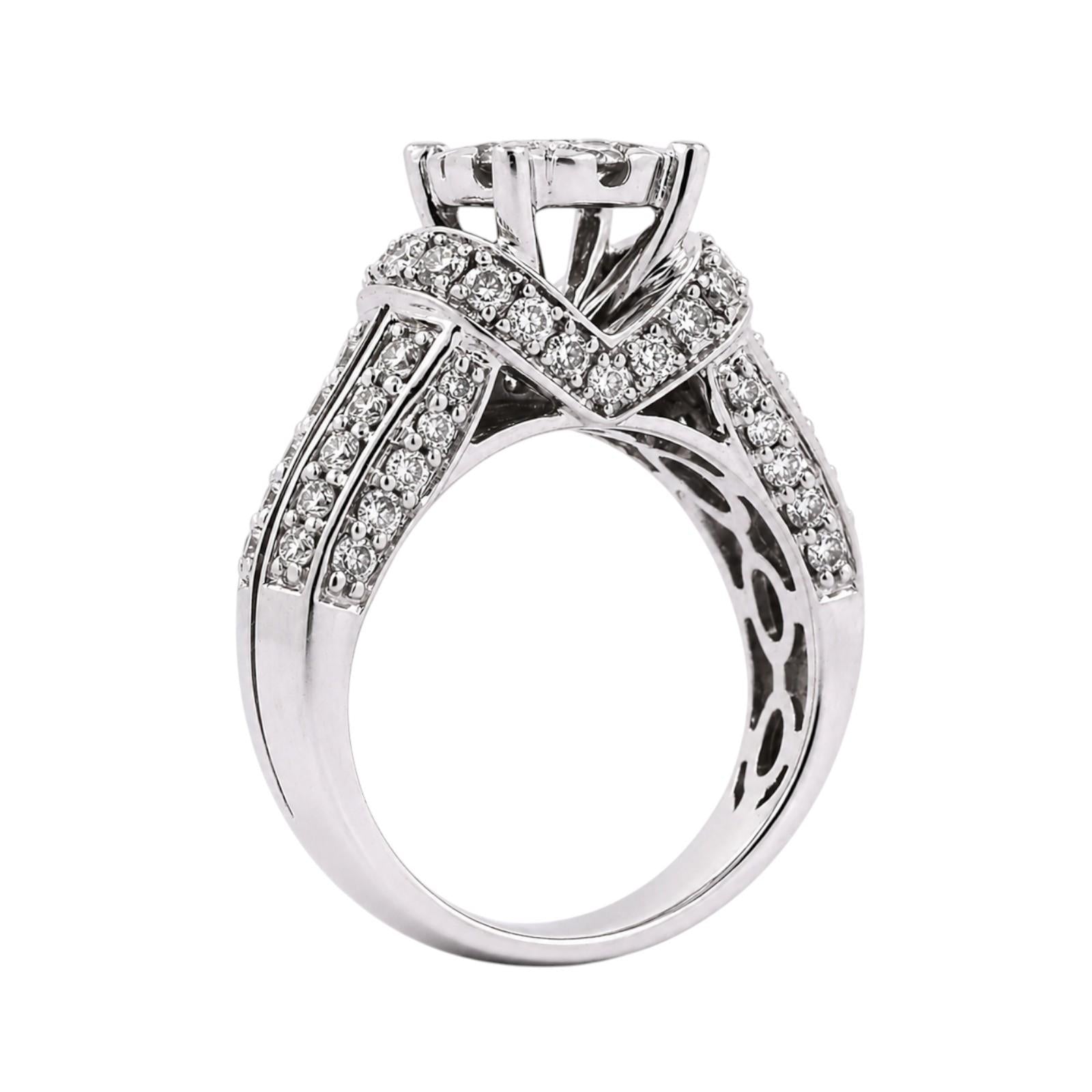 14K White Gold 2.20CTW Round Diamond Cluster Halo Floral Ring Size 6.5