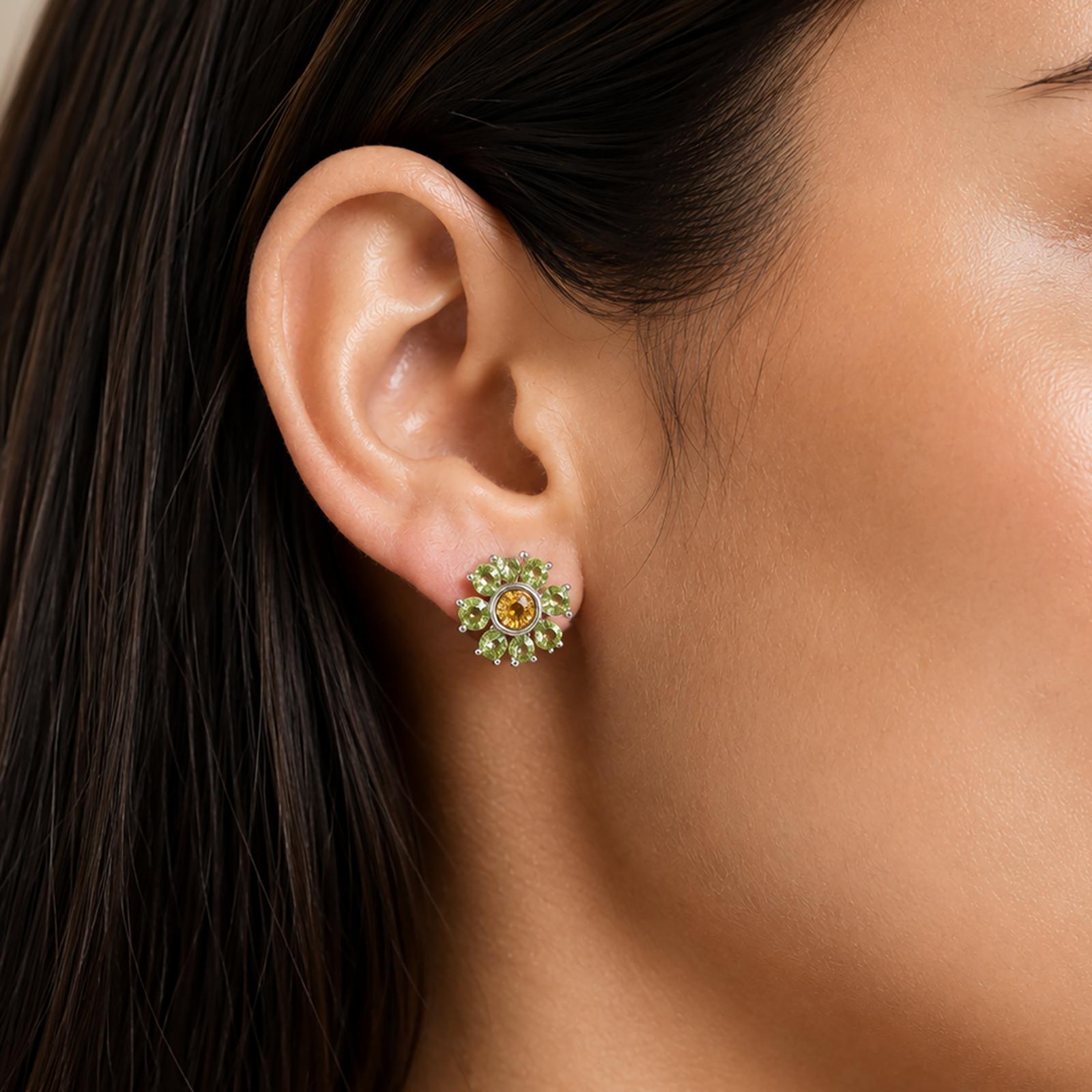 Vintage White Gold Natural Peridot Brown Yellow Diamond Flower Stud Earrings