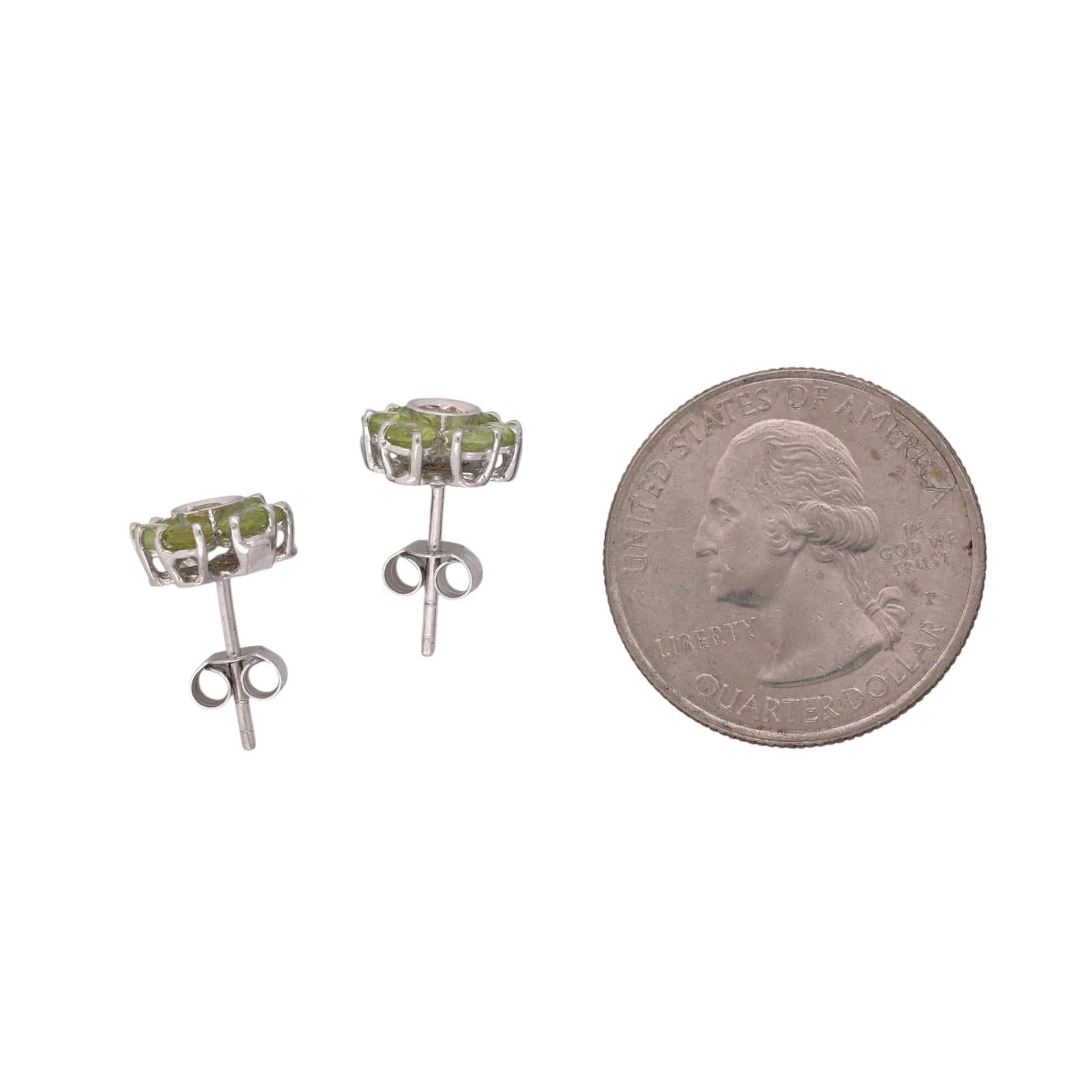 Vintage White Gold Natural Peridot Brown Yellow Diamond Flower Stud Earrings