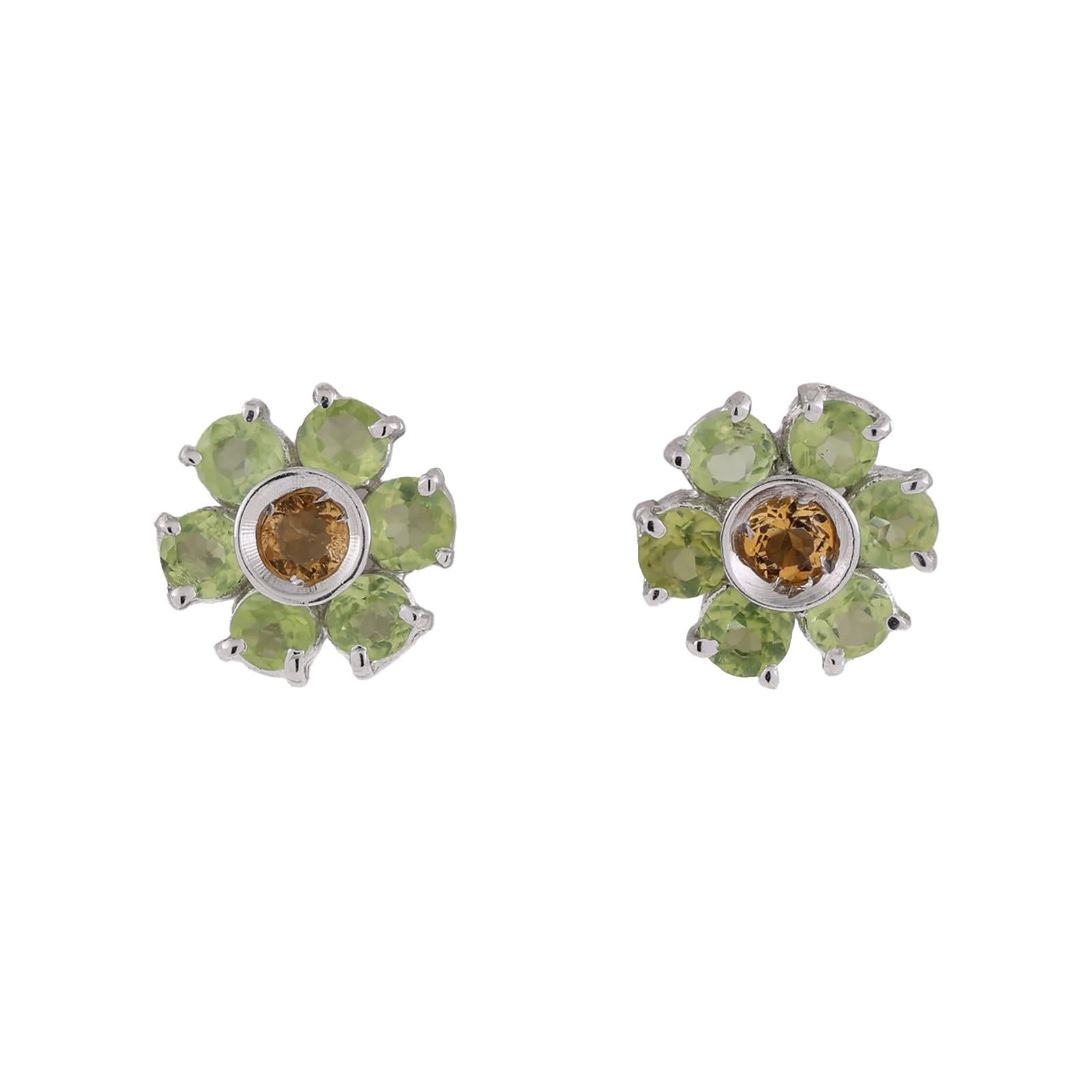 Vintage White Gold Natural Peridot Brown Yellow Diamond Flower Stud Earrings