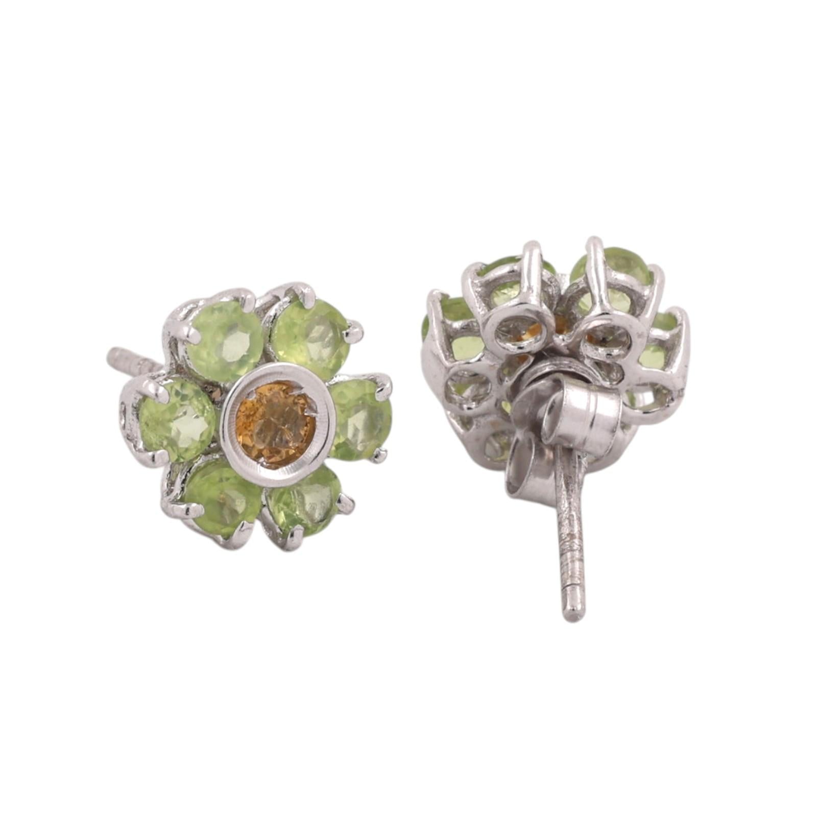 Vintage White Gold Natural Peridot Brown Yellow Diamond Flower Stud Earrings