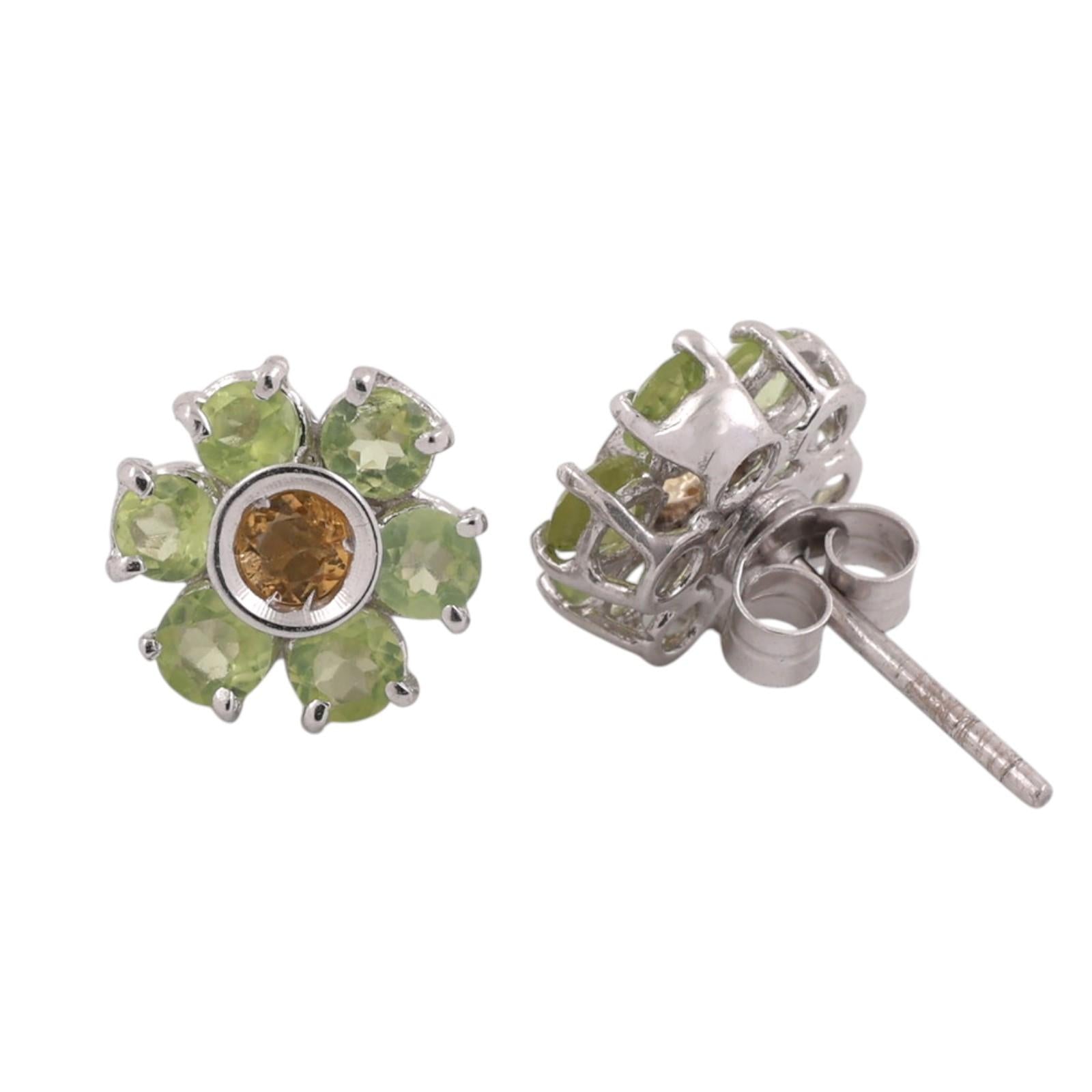 Vintage White Gold Natural Peridot Brown Yellow Diamond Flower Stud Earrings