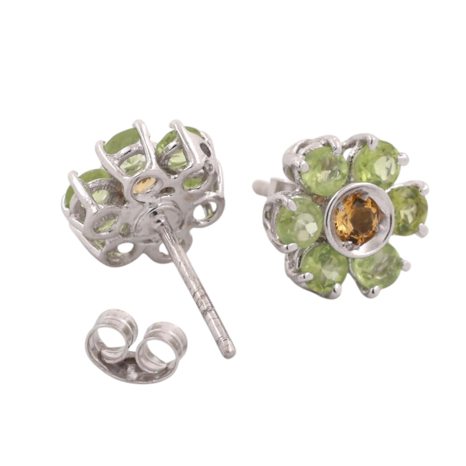 Vintage White Gold Natural Peridot Brown Yellow Diamond Flower Stud Earrings