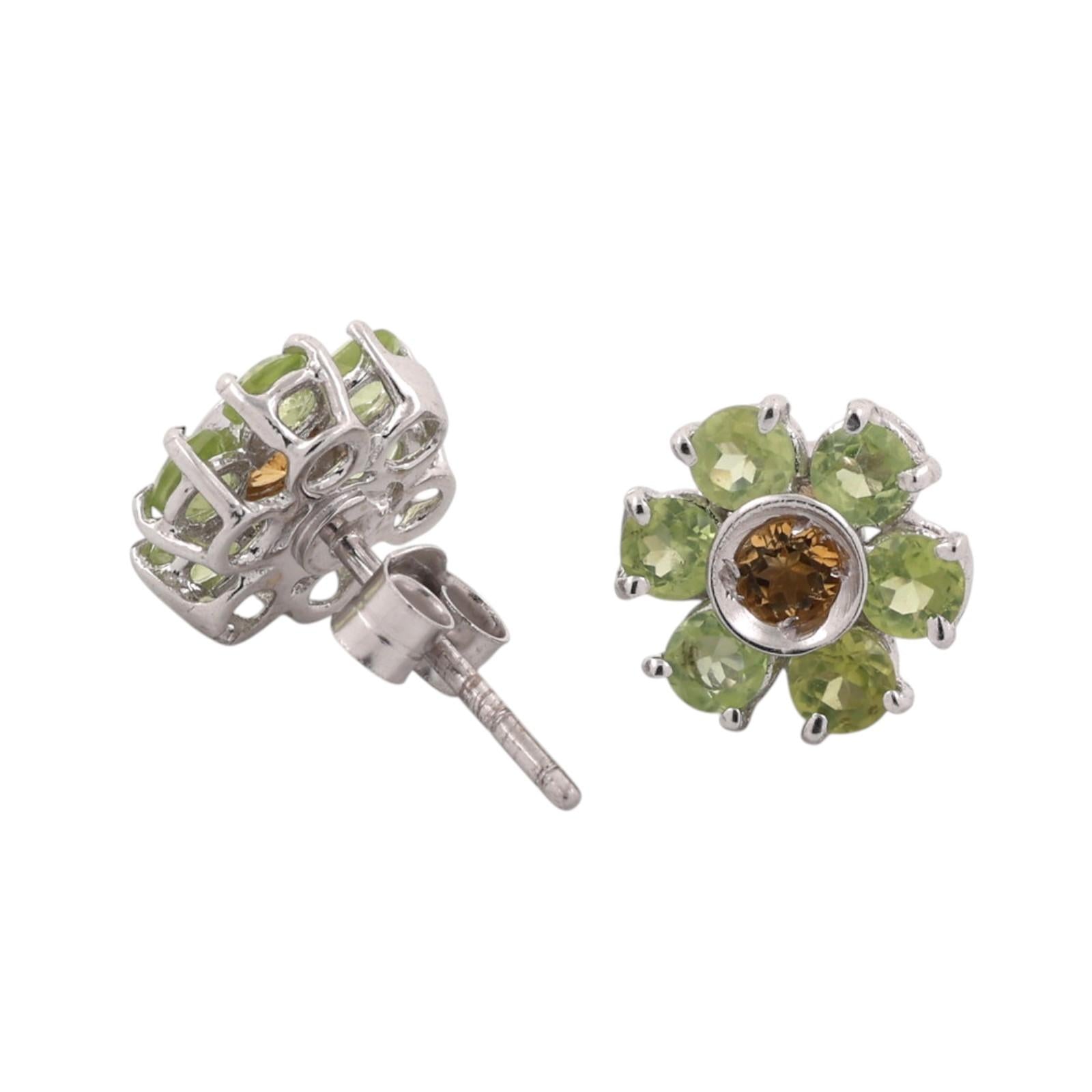 Vintage White Gold Natural Peridot Brown Yellow Diamond Flower Stud Earrings