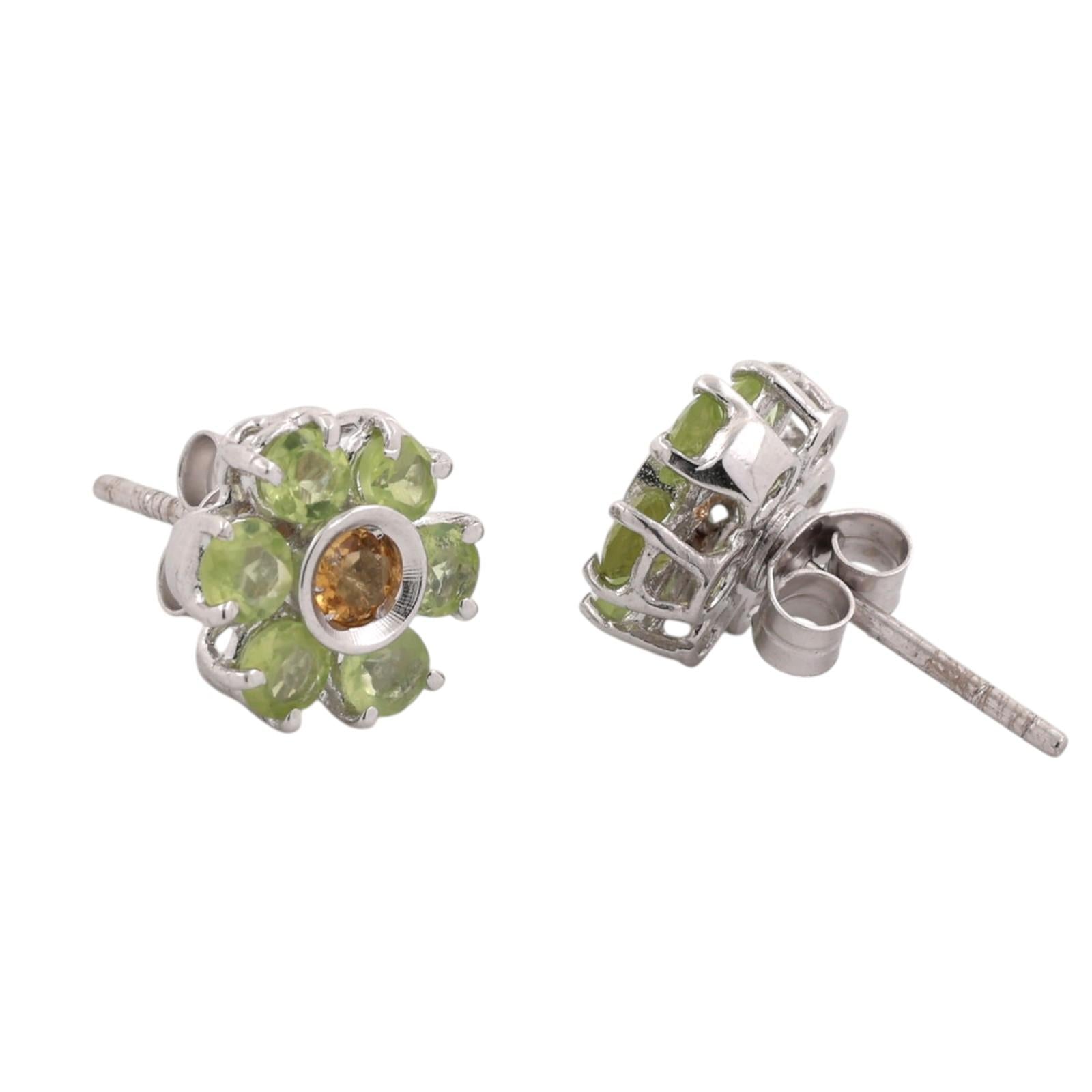 Vintage White Gold Natural Peridot Brown Yellow Diamond Flower Stud Earrings