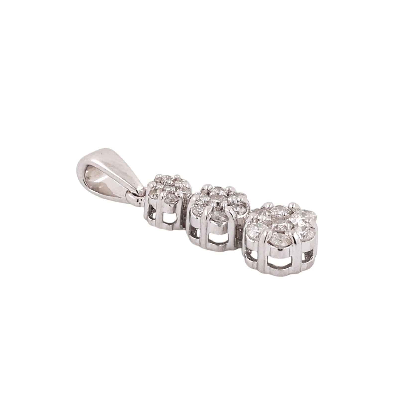 14K White Gold 0.50 CTW Natural Diamond Triple Cluster Drop Pendant Flower
