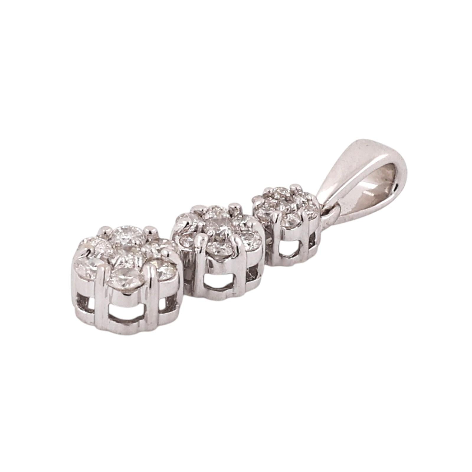 14K White Gold 0.50 CTW Natural Diamond Triple Cluster Drop Pendant Flower
