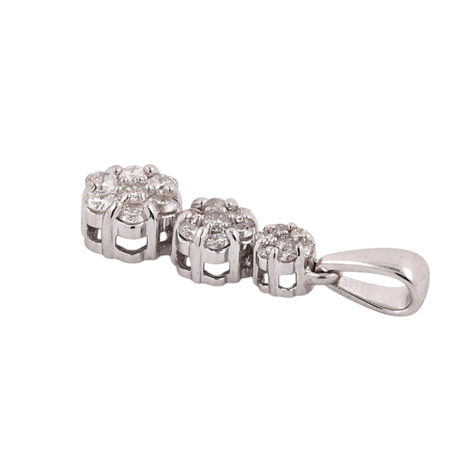 14K White Gold 0.50 CTW Natural Diamond Triple Cluster Drop Pendant Flower