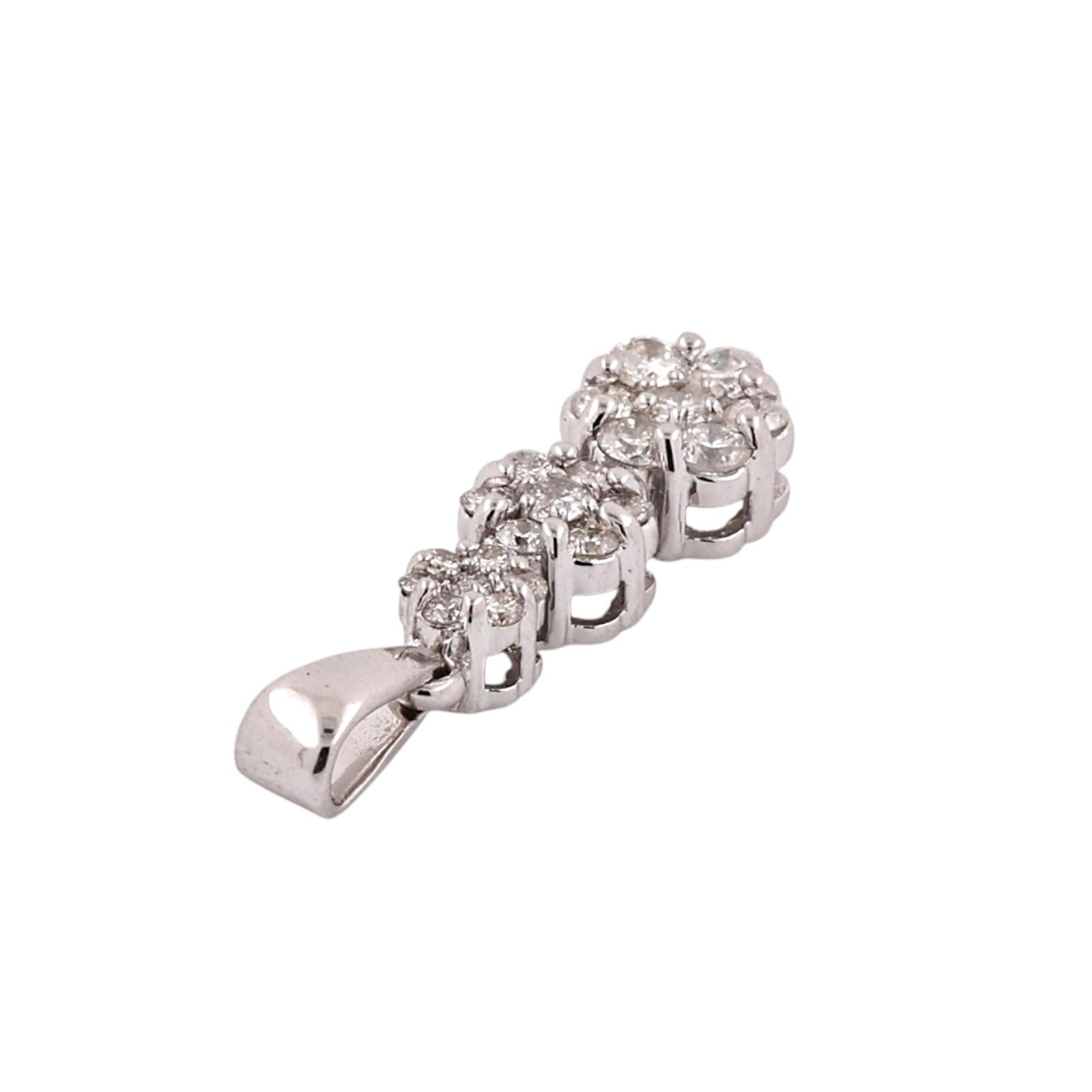 14K White Gold 0.50 CTW Natural Diamond Triple Cluster Drop Pendant Flower
