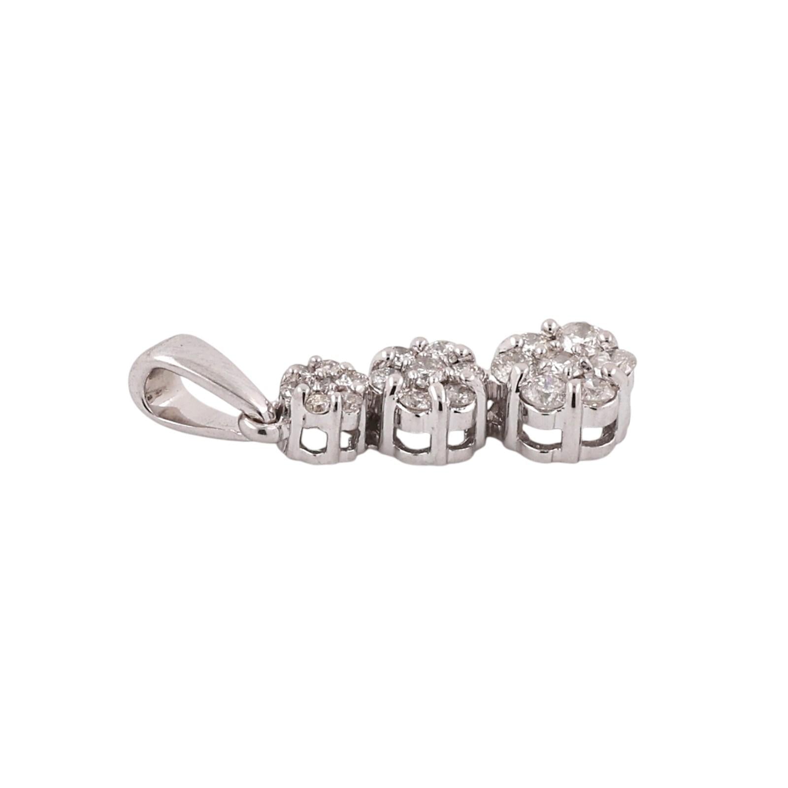 14K White Gold 0.50 CTW Natural Diamond Triple Cluster Drop Pendant Flower