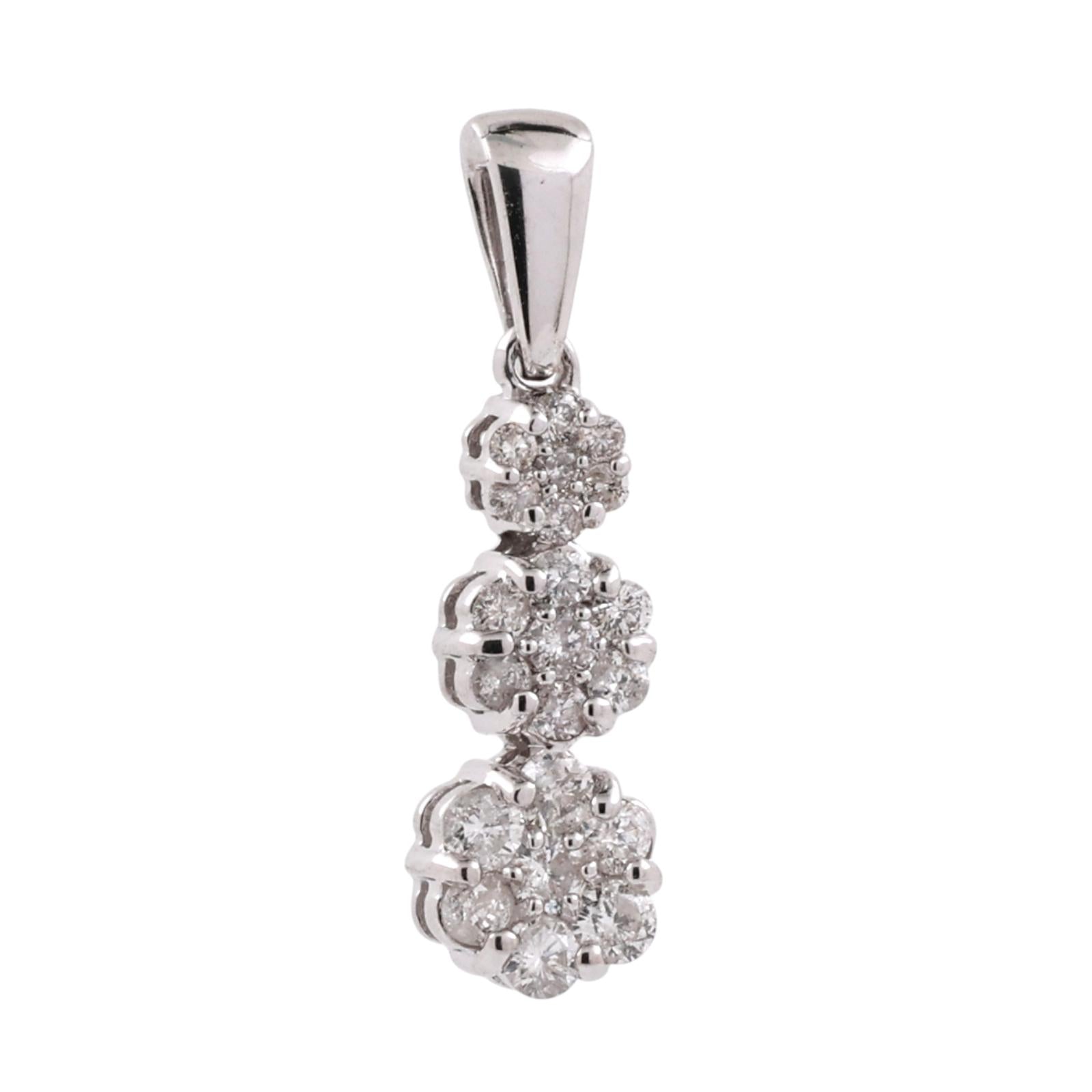 14K White Gold 0.50 CTW Natural Diamond Triple Cluster Drop Pendant Flower