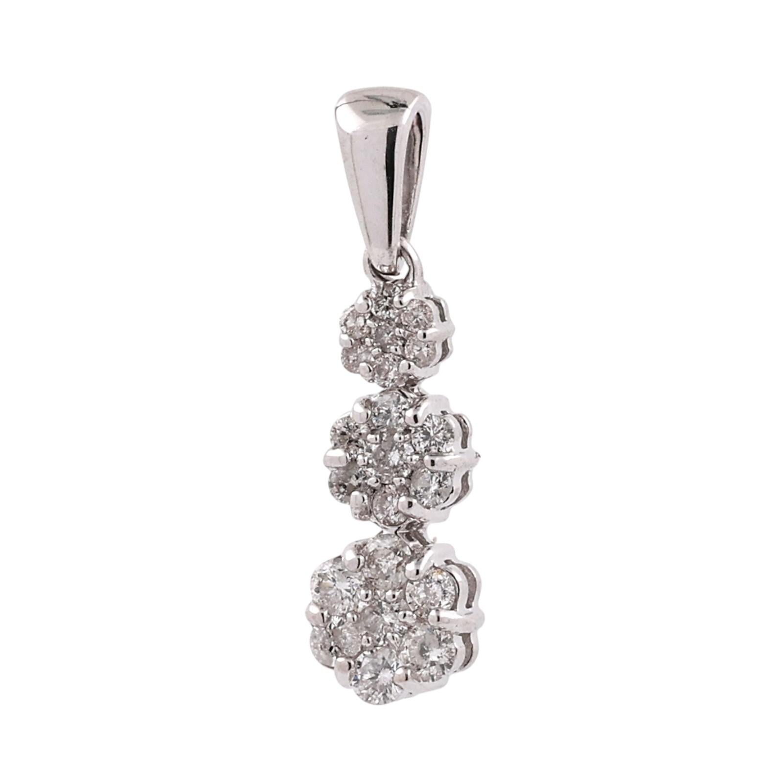 14K White Gold 0.50 CTW Natural Diamond Triple Cluster Drop Pendant Flower