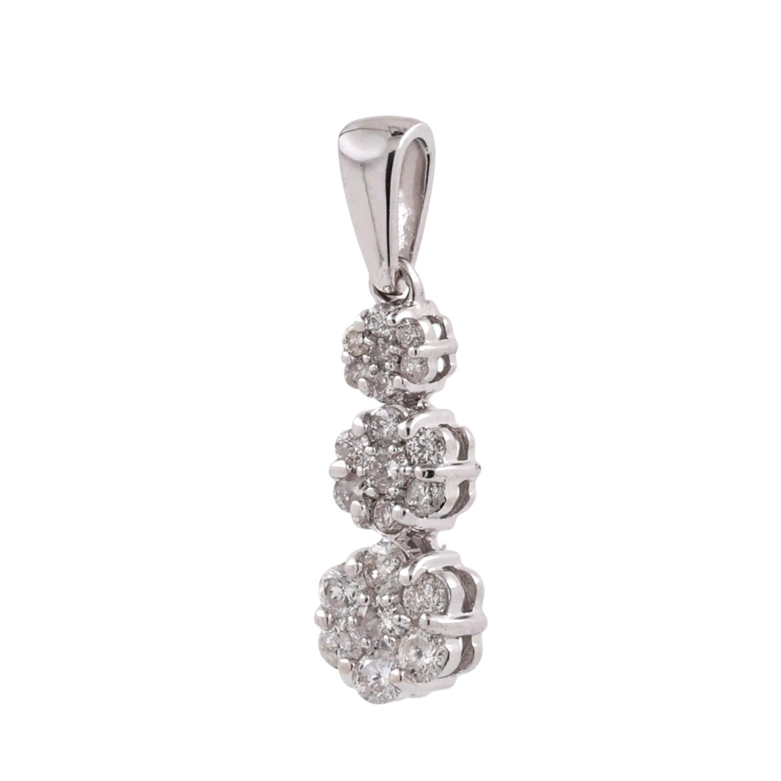 14K White Gold 0.50 CTW Natural Diamond Triple Cluster Drop Pendant Flower