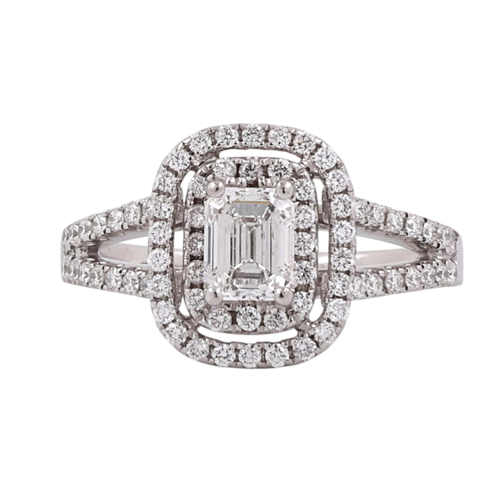 Platinum 1.40 CTW Natural Diamond Emerald Cut Double Halo Engagement Ring Size 7