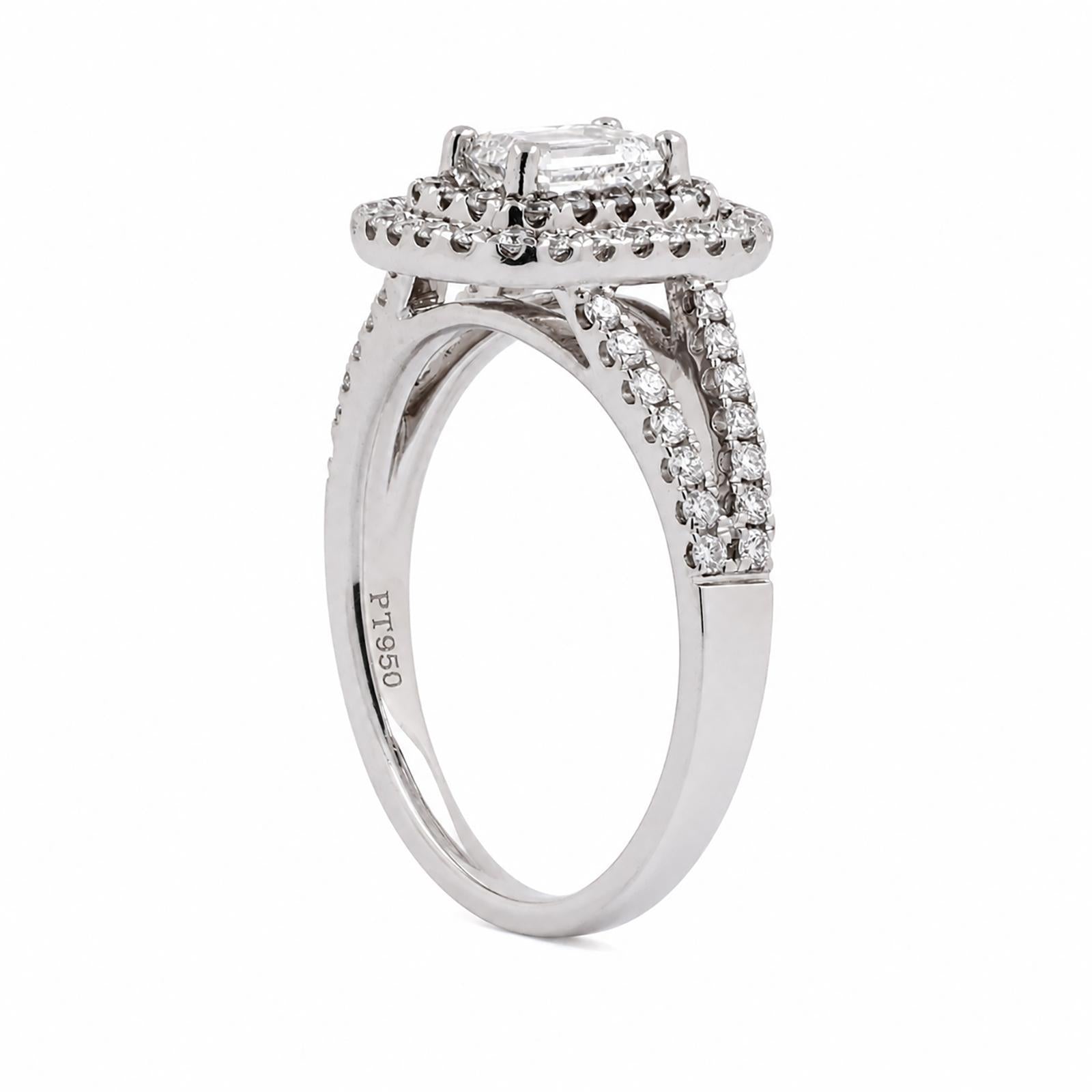 Platinum 1.40 CTW Natural Diamond Emerald Cut Double Halo Engagement Ring Size 7
