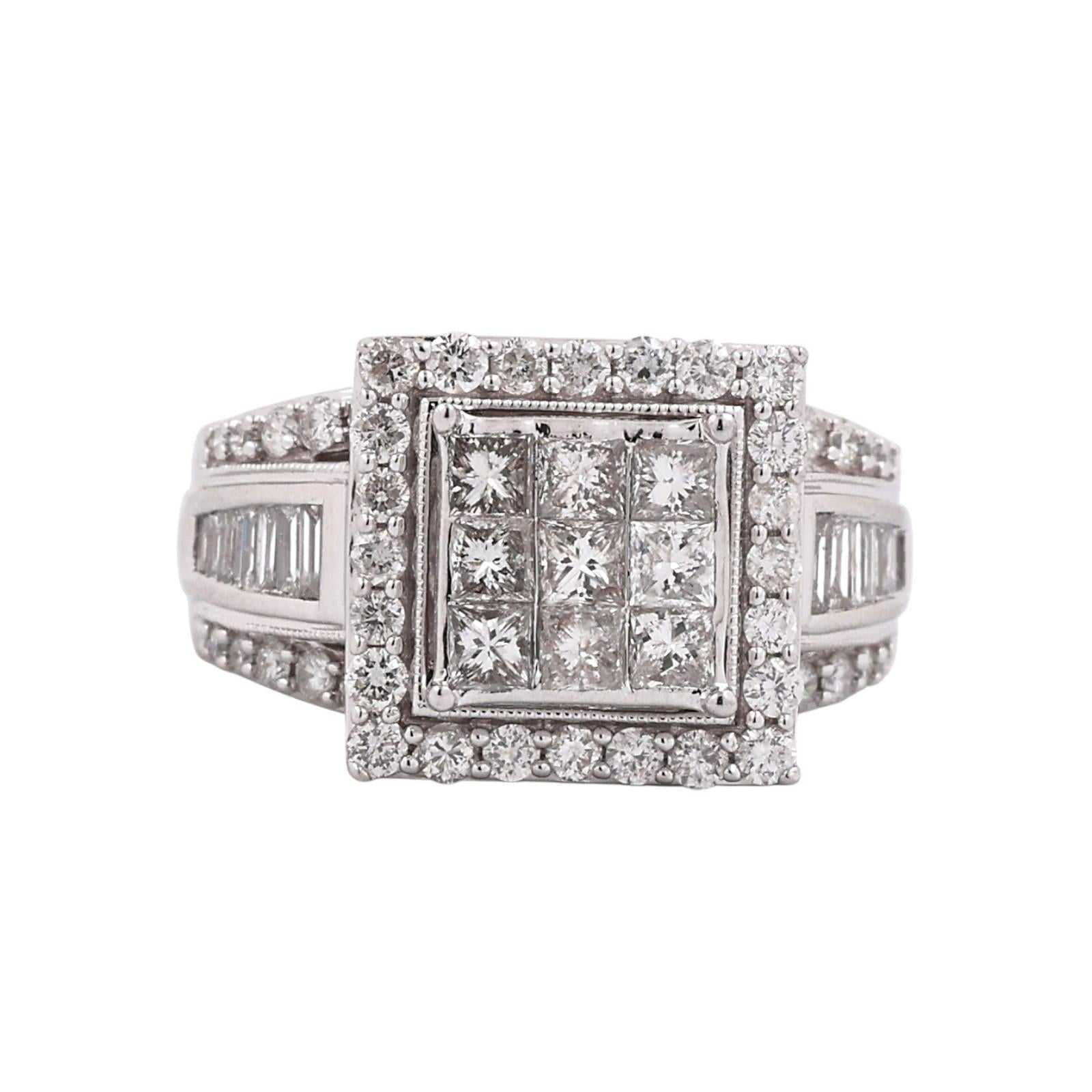 10K White Gold 2.00CTW Diamond Invisible Set Halo Ring Princess Baguette Size 7