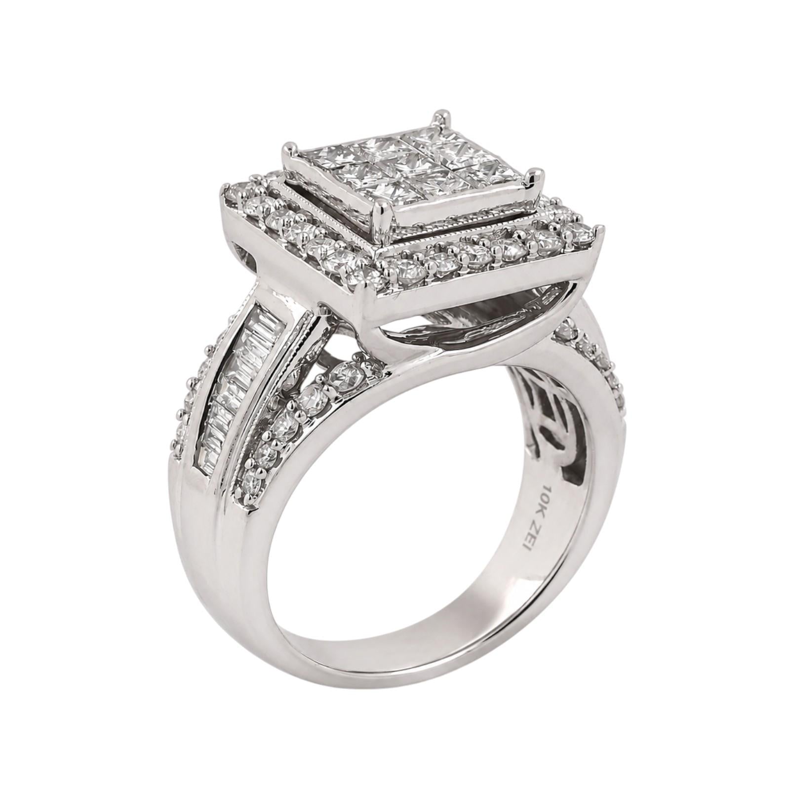 10K White Gold 2.00CTW Diamond Invisible Set Halo Ring Princess Baguette Size 7
