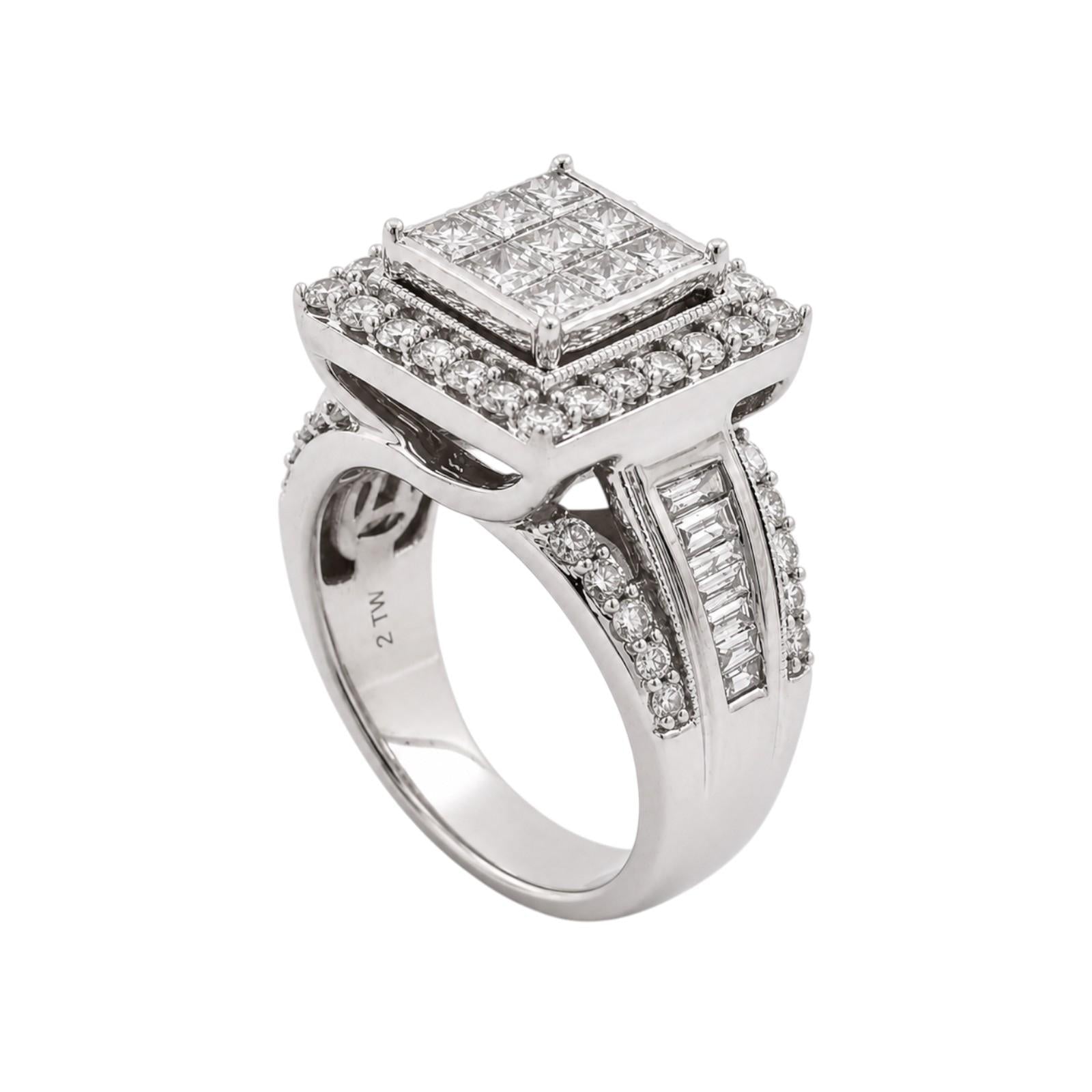 10K White Gold 2.00CTW Diamond Invisible Set Halo Ring Princess Baguette Size 7