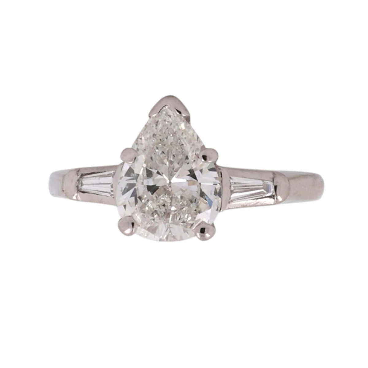 Natural Pear Diamond Engagement Ring Platinum 1.75 CTW Tapered Baguette Size 4