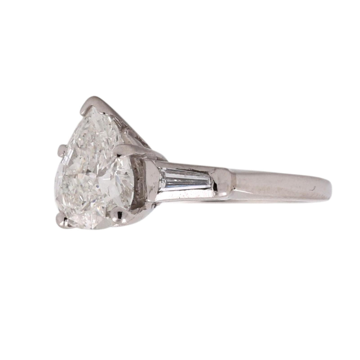 Natural Pear Diamond Engagement Ring Platinum 1.75 CTW Tapered Baguette Size 4