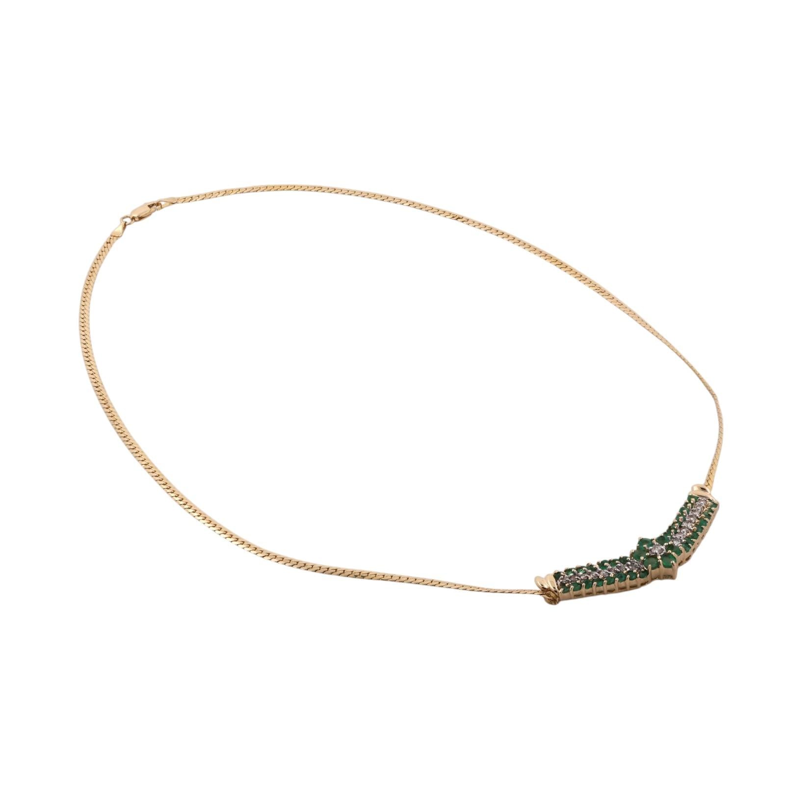 14K Gold Natural Emerald Diamond Chevron Necklace 17.5" Italy Estate 2.15CTW