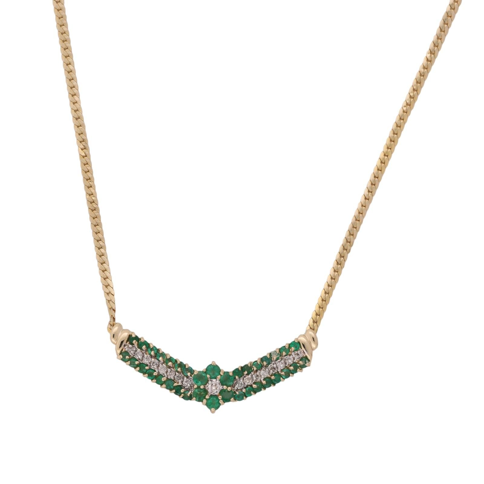 14K Gold Natural Emerald Diamond Chevron Necklace 17.5" Italy Estate 2.15CTW