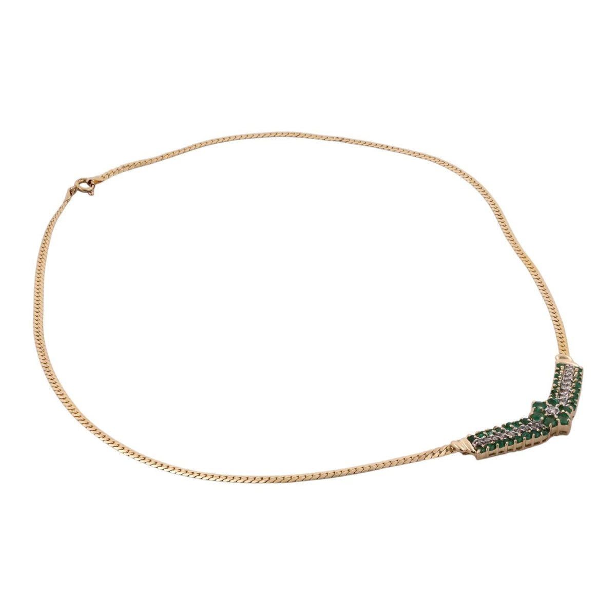 14K Gold Natural Emerald Diamond Chevron Necklace 17.5" Italy Estate 2.15CTW