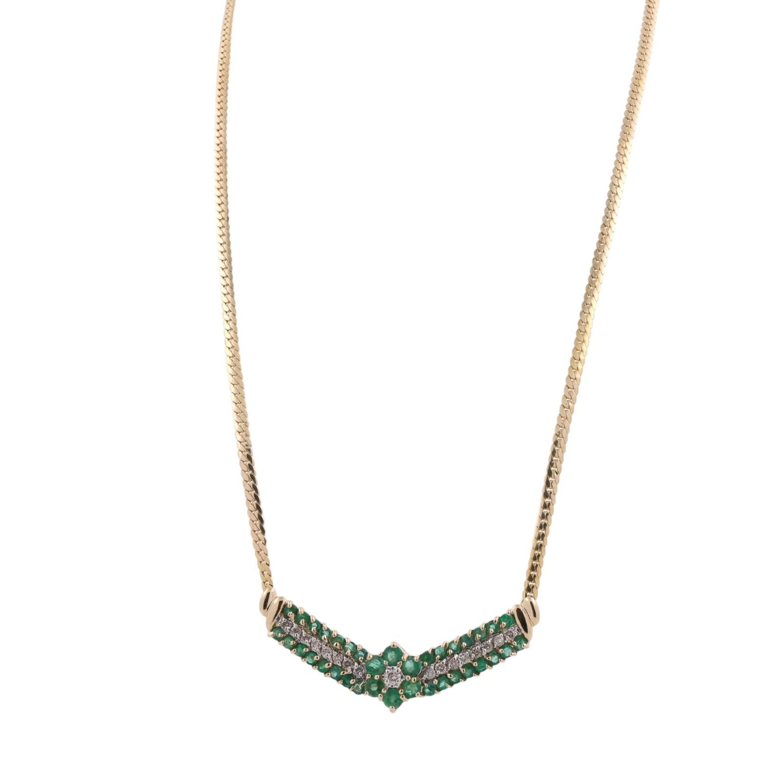 14K Gold Natural Emerald Diamond Chevron Necklace 17.5" Italy Estate 2.15CTW